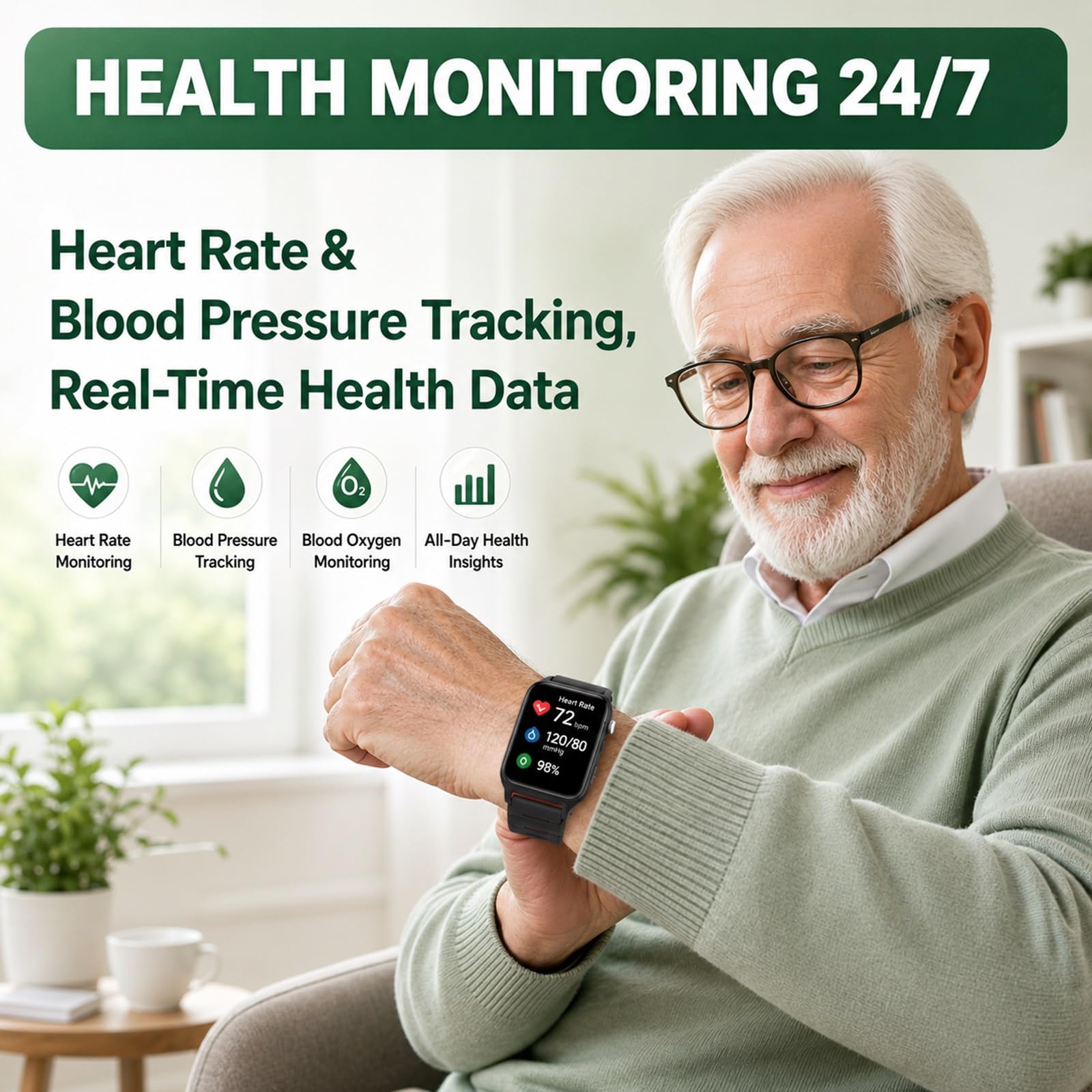 Reloj de Alerta Médica para Padres Mayores Rastreador GPS y Alarma SOS | Botón de Emergencia SOS, Chat de Voz, Monitor de Presión Arterial, Geocerca de Seguridad, Rastreador Salud(Negro)