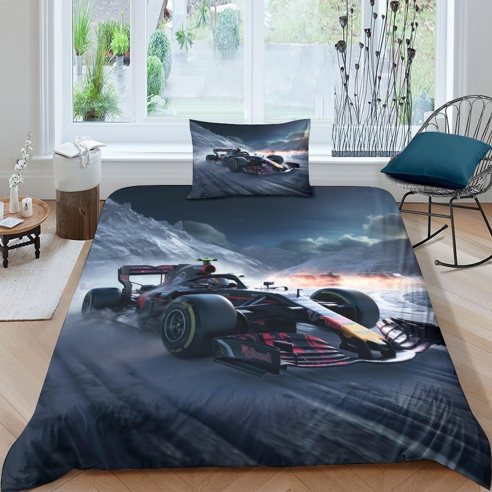 BARDYS Formula Racing 3D Print F1 Racing for Teens And Adults Duvet Cover Comforter Covers Quilt Cover Bedding Set with Zipper Closure with Pillow Cases Soft Microfiber 3 Pieces Single（135x200cm）