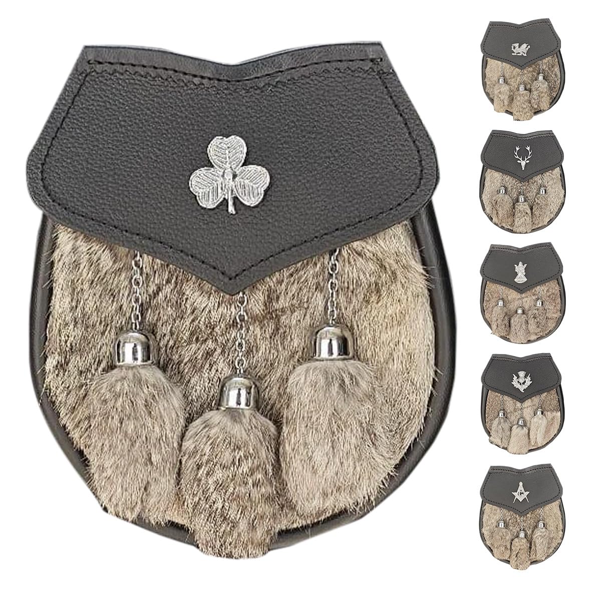 AAR Mens Semi Dress Formal Sporran Brown Rabbit Fur 3 Tassels Free Leather Belt Chain,Irish Shamrock,One Size