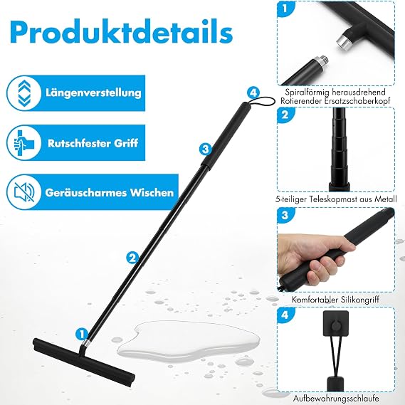 Extendable Shower Squeegee, Long Handle, Squeegee Shower with Telescopic Handle, Window Squeegee with 126 cm Telescopic Rod, Window Wiper, Floor Squeegee, Glass Wiper for Water/Hair/Glass