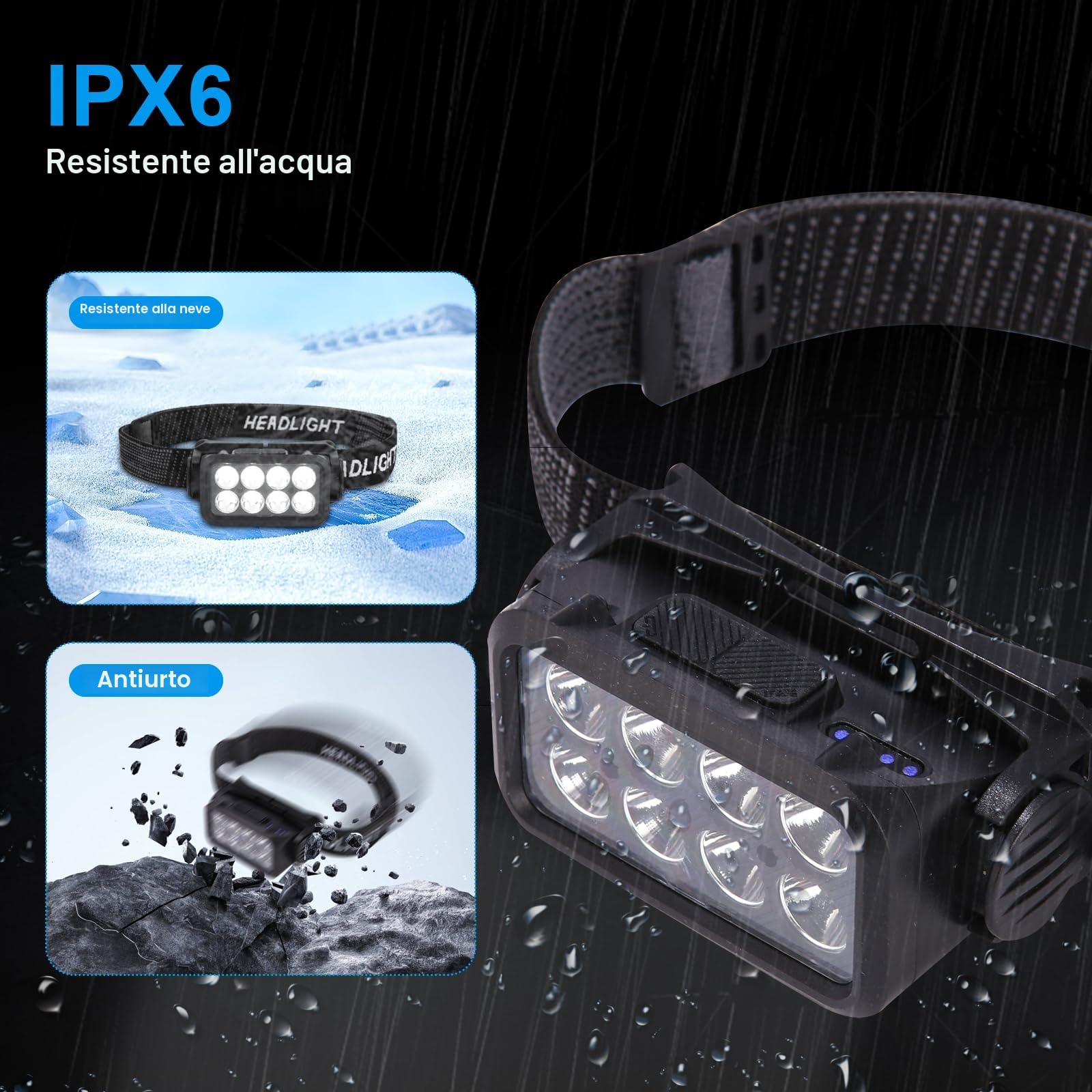 Set di 2 lampade frontali LED ricaricabili - Super luminose - 2500 lumen - 5 modalità di illuminazione - Leggere - IPX6 - Impermeabili - Sensore di luce - Per esterni, campeggio, corsa, pesca, le