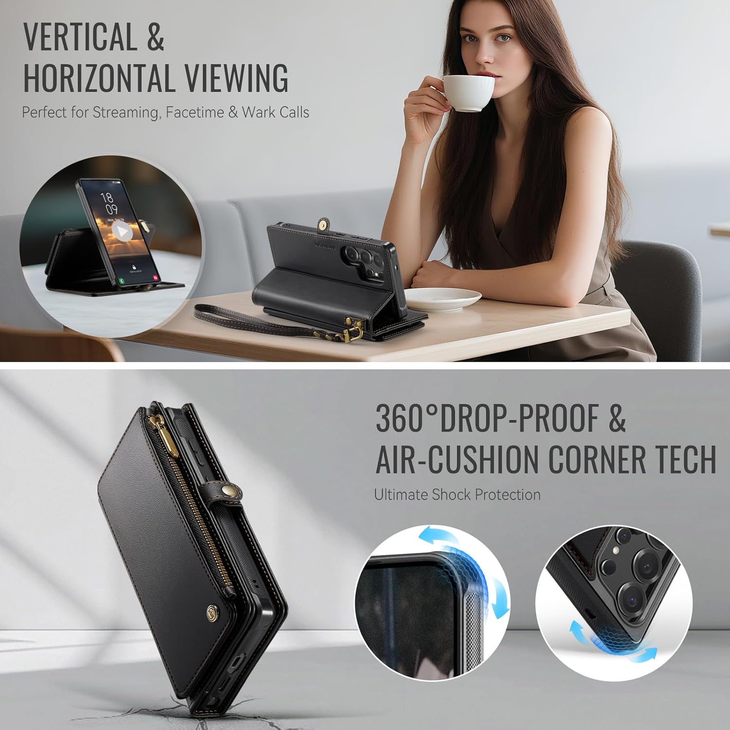 Defencase for Samsung Galaxy S22 Ultra Magnetic Wallet Case Compatible with Magsafe with RFID Blocking Zipper & Card Holder Women, PU Leather Detachable Phone Case for Galaxy S22 Ultra 6.8", Black