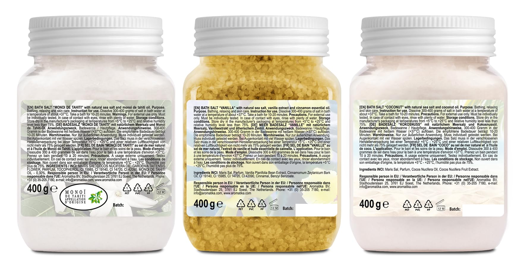 Set Sali da Bagno con 3x400g di Monoi de Tahiti - Vanilla - Cocco - Naturale al 100% - Ideale per Dormire Bene - Antistress - Bagno - Cura del Corpo - Benessere - Bellezza - Rilassamento - Spa