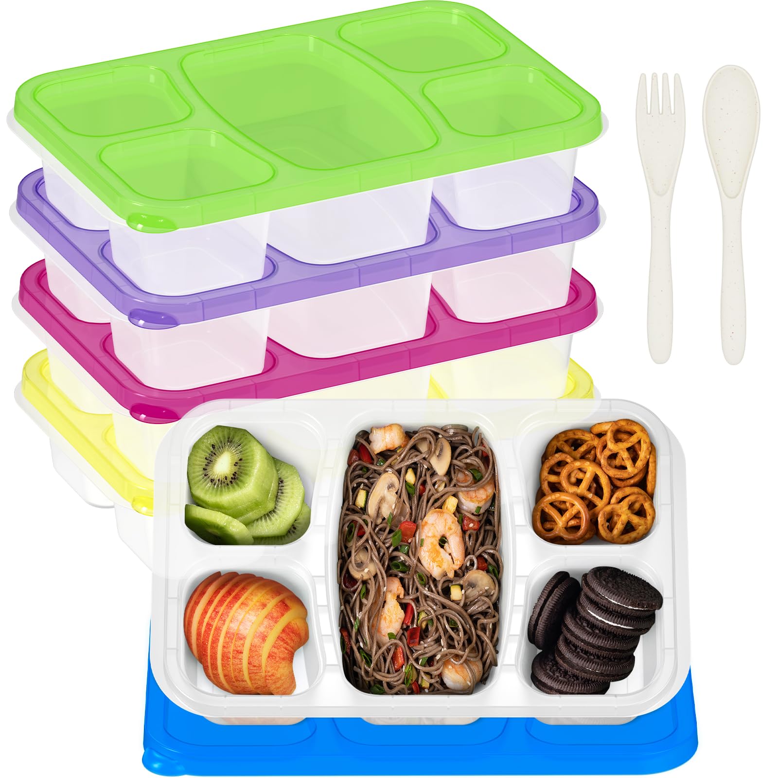 IVEETTY 5 Pack Bento Box Adults Lunch Box, Bento Box for Kids, 5 Compartment Meal Prep Container Reusable, Food Storage Snack Containers, Stackable Lunch Container for School, Work, and Travel