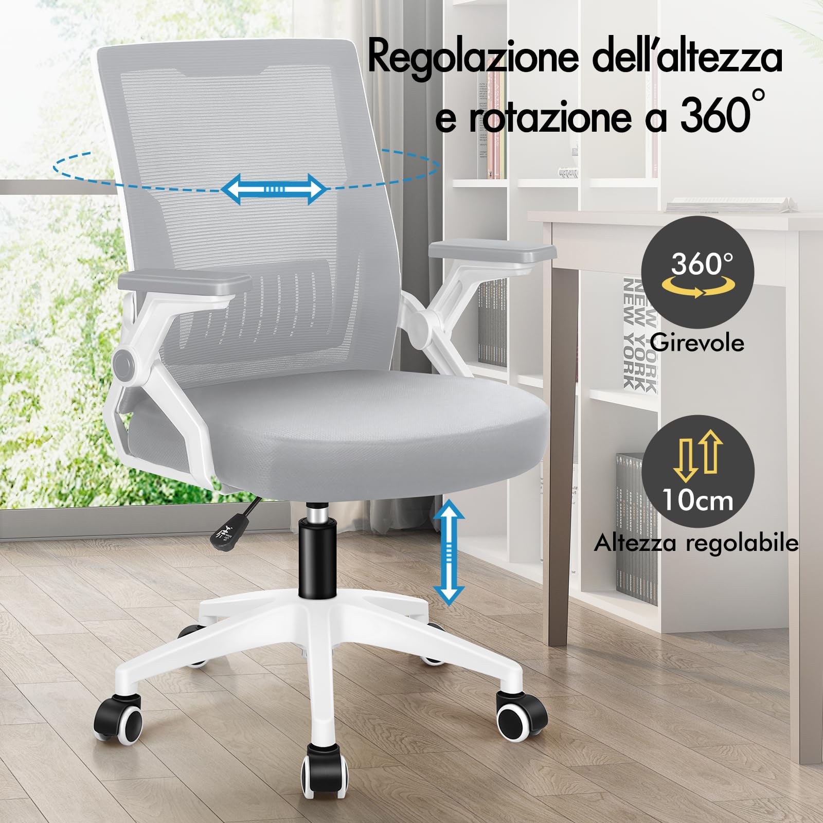 ALFORDSON Sedia Ufficio con Supporto Lombare, Sedia Scrivania Ergonomica con Braccioli Pieghevoli in Rete Traspirante,Altezza Regolabile e Schienale Inclinabile con Ruote Girevoli(Bianca e grigia)