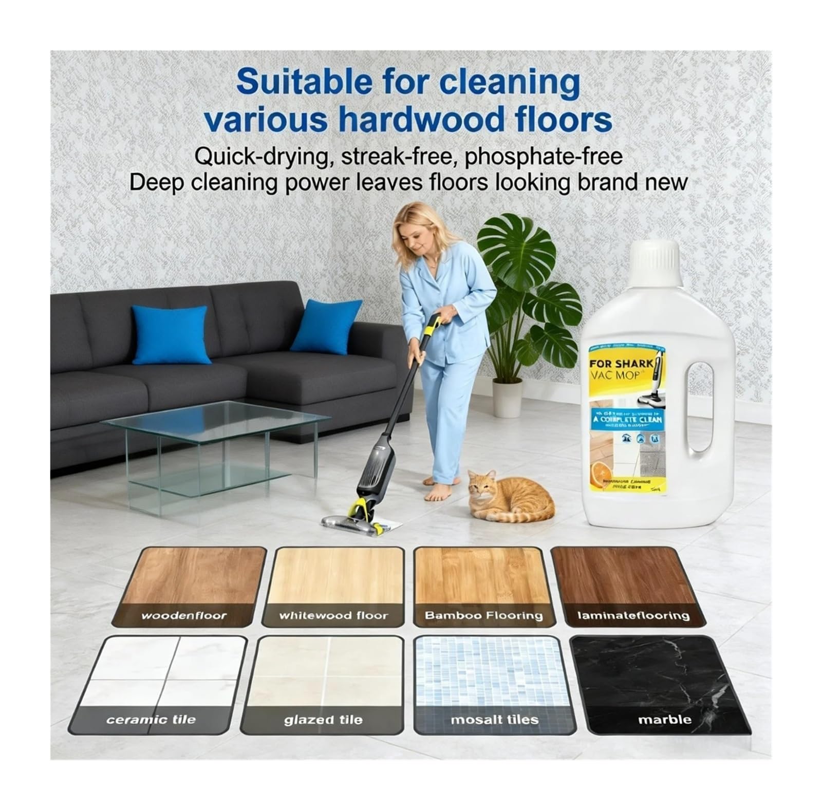 Solución limpiadora de pisos multisuperficie, concentrada for vinilo laminado baldosas madera, compatible con trapeadores a vapor Shark, fórmula sin enjuague rayas, recambio 1000 ml
