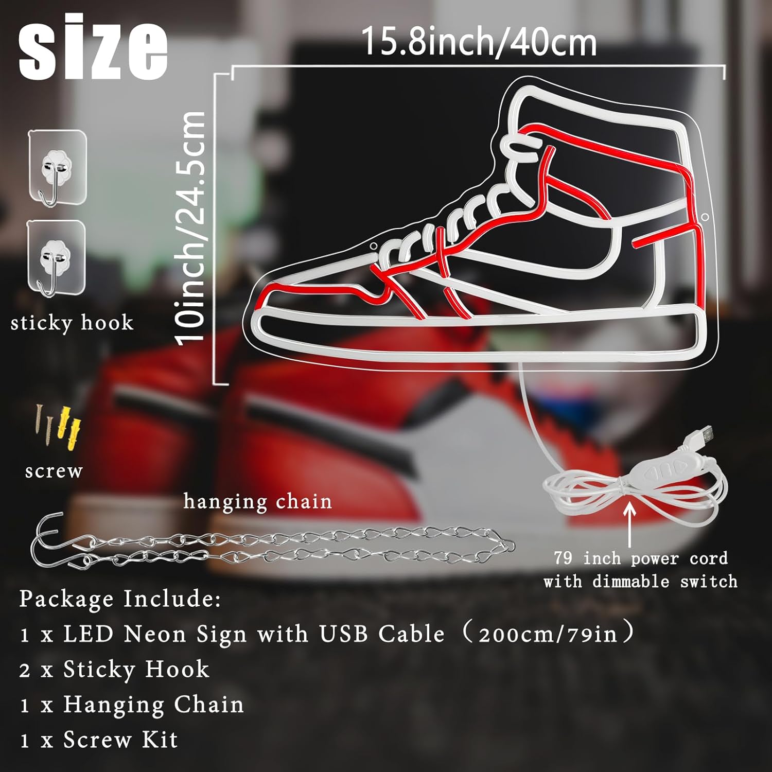 Sneaker Neon Sign 15.8”x10”Sports Shoe Neon Light for Wall Decor Dimmable LED Light Up Sign for Boys Bedroom Gaming Room Man Cave Shop Club,Perfect Birthday Party Gift for Men Women Teens