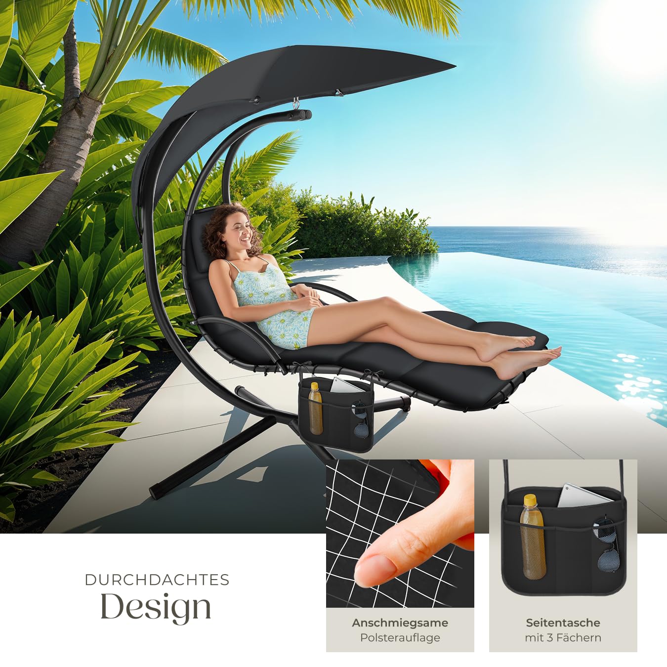 tectake® Hängeliege mit Gestell, Schwebeliege, Schwingliege mit Sonnendach, Schaukelliege, Hängesessel inkl. Tasche, Polsterauflage mit Kopfkissen, für Garten, Terrasse und Balkon - schwarz