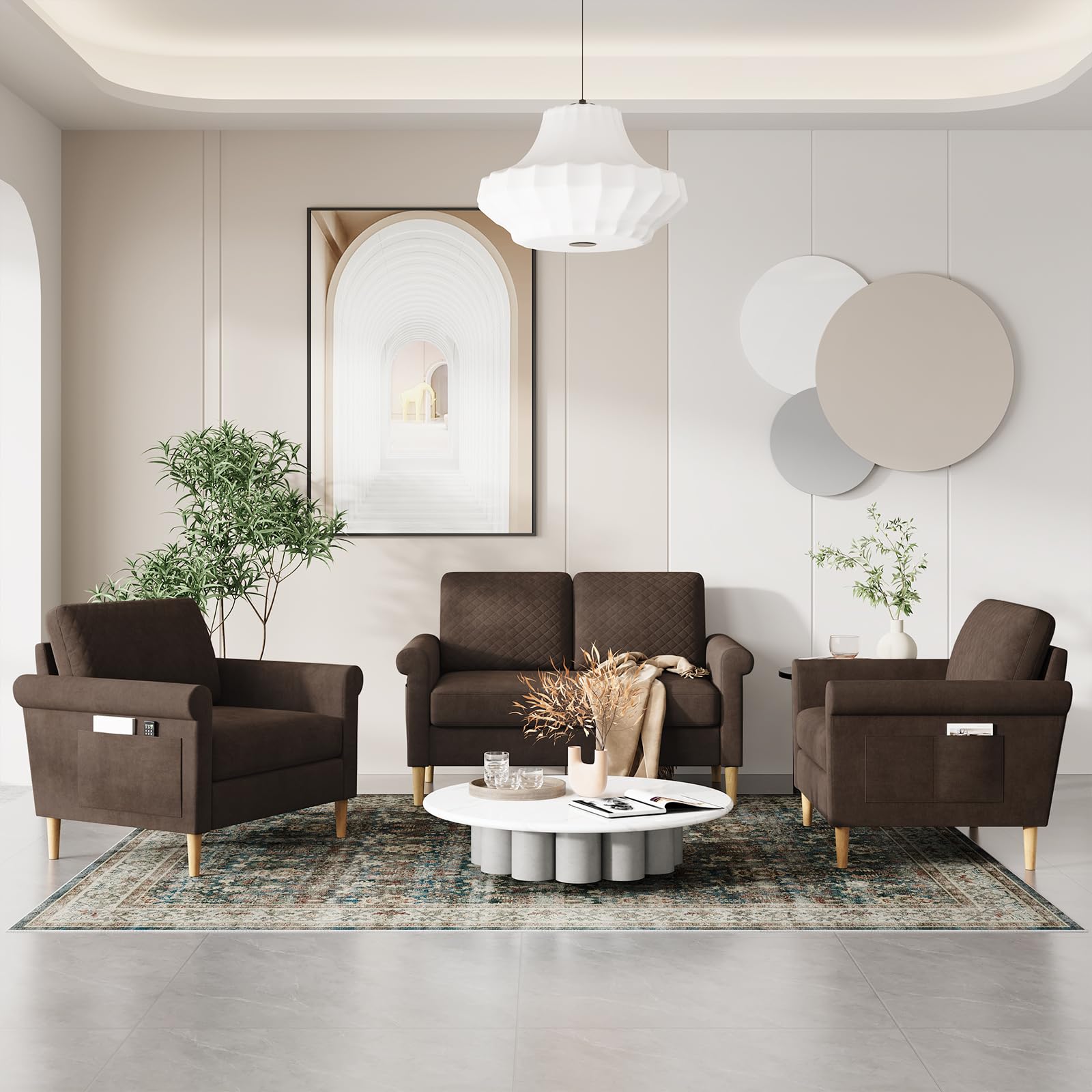 Vesgantti Divano Piccolo in Tessuto 2 Posti, con Tasche di Archiviazione su Entrambi i Lati, Mini Divano Imbottito per Soggiorno Ufficio, Montaggio Senza Utensili, 123L x 70P x 88H cm, Marrone
