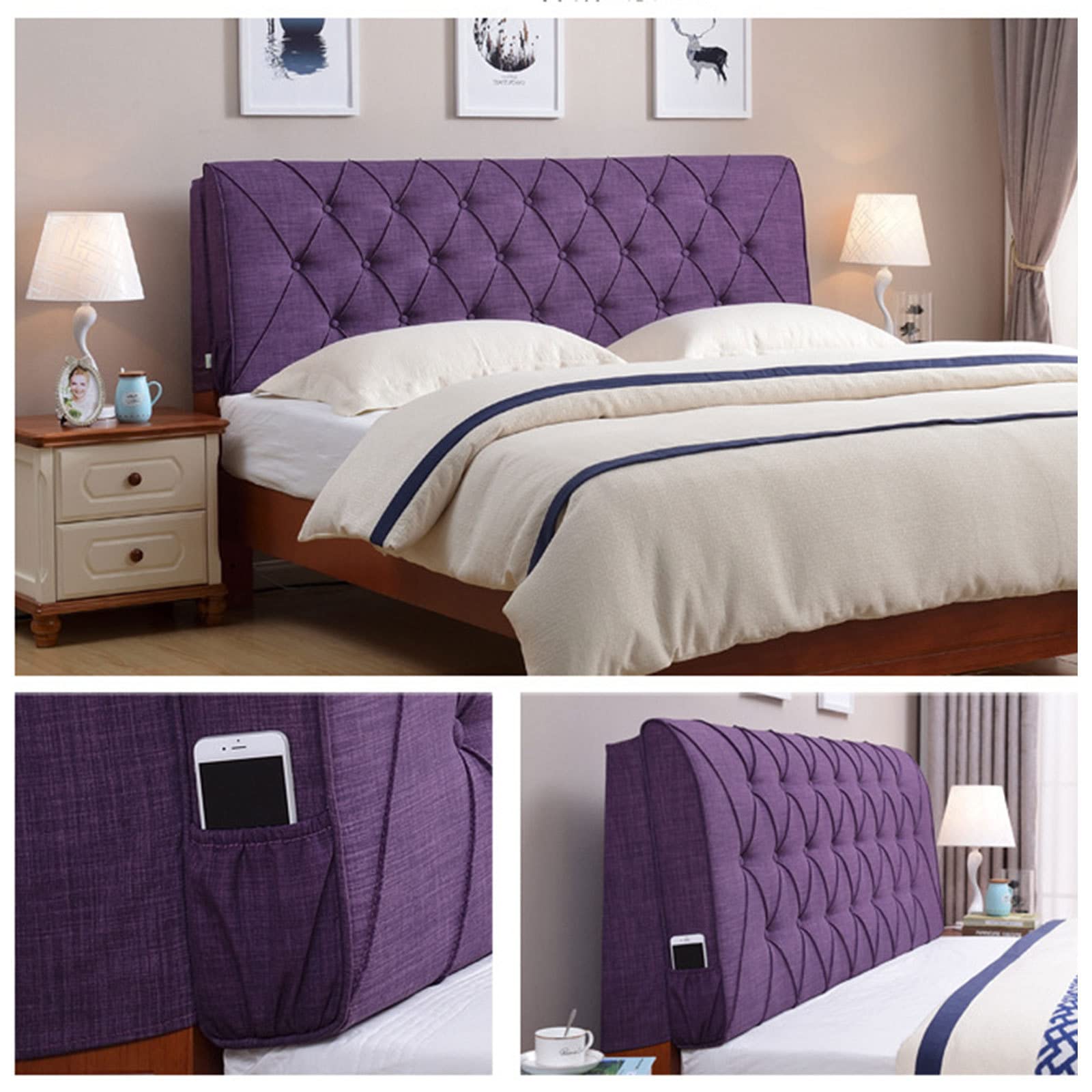 Copritestiera Elasticizzato Per Letto In Cotone E Lino - Lunghezza 180 Cm - Colore Viola - Antipolvere E Protettivo