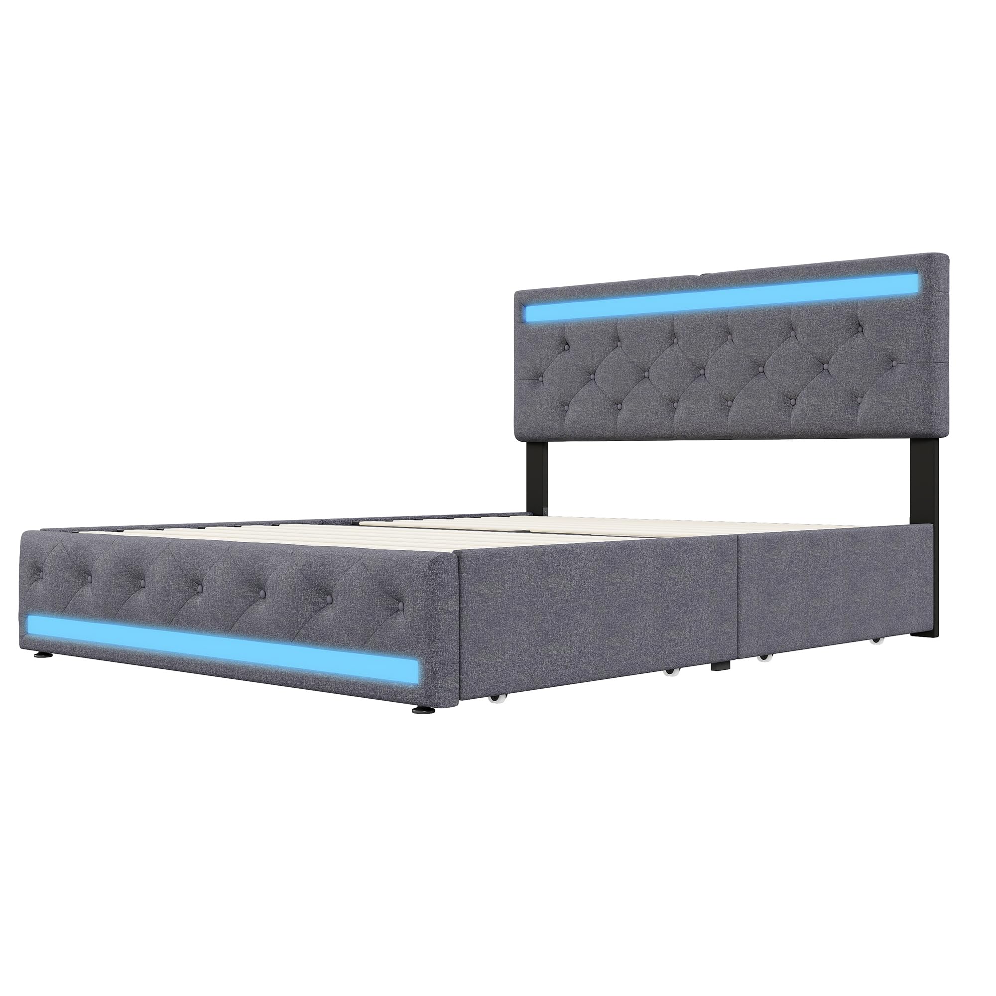 Letto imbottito 180 x 200 cm con illuminazione a LED, letto doppio con 4 cassetti, testiera regolabile in altezza con USB, funzionale con rete in legno, lino, grigio scuro