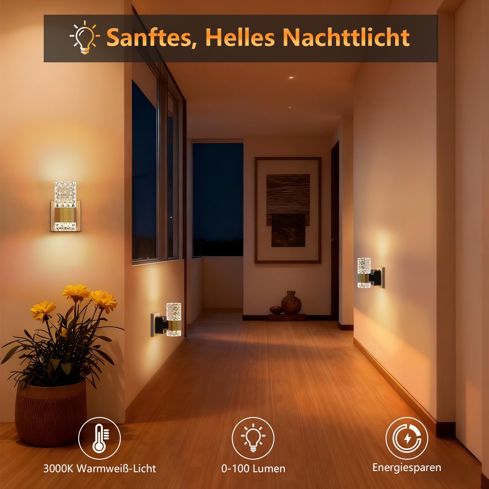 Nachtlicht Steckdose –2 Stück LED Nachtlicht Oberen und Unteren Beleuchtung Ultrahelles mit Intelligentem Sensor, Dimmbares LED für Schlafzimmer, Küche, Flur, 3000K (Gold-Transparent)