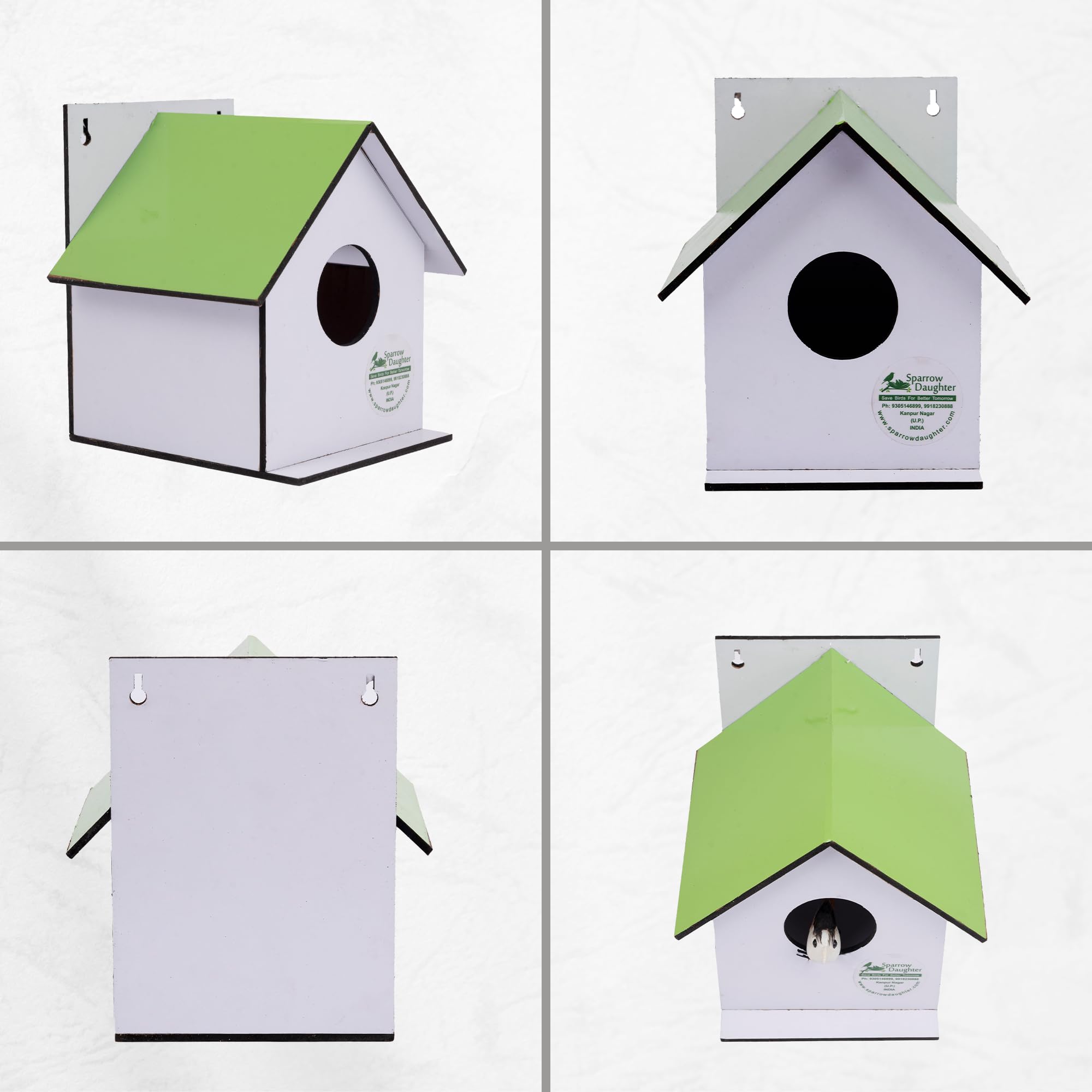 Sparrow Daughter Hut Shape MDF Bird House for House Sparrow, Love Birds, Wooden Bird Nest for Balcony & Garden Hanging, Small (Set of 2) Light Green Color 1