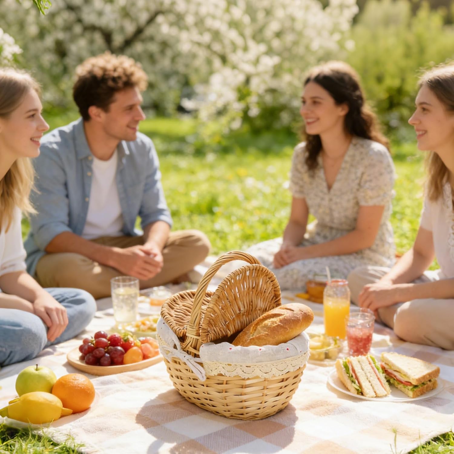 Wicker Picnic Basket,Rustic Multi-Purpose Lidded,Faux Wicker Organizing Basket - for Dining Room Kitchen Hiking Travel Camping Breads Drinks Snacks Fruits
