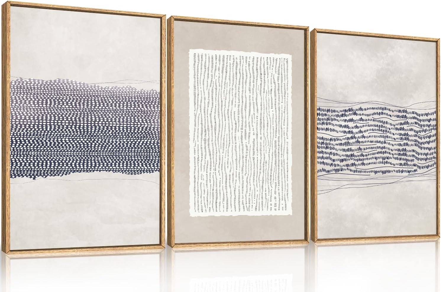 HOURIA Blue White Abstract Neutral Framed Canvas Wall Art Set,Minimalist Boho Waves Lines Wall Decor,Modern Geometric Shapes Print,Mid Century Grunge Artwork for Living Room,Bedroom,Office- 16"x24"x3 Blue Neutral Abstract Wall Art 16"L x 24"W