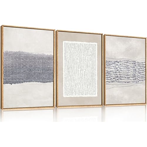 HOURIA Blue White Abstract Neutral Framed Canvas Wall Art Set,Minimalist Boho Waves Lines Wall Decor,Modern Geometric Shapes Print,Mid Century Grunge Artwork for Living Room,Bedroom,Office- 16"x24"x3