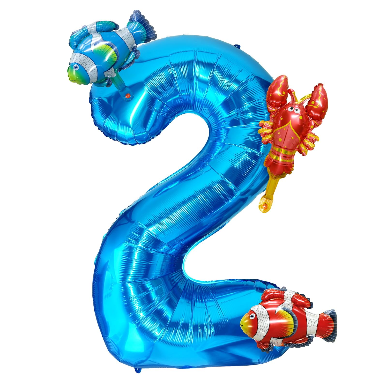 40 Inch Under the Sea Blue Number 2 Balloon, Mini Sea Animal Balloons Ocean Animal Foil Balloon, Fish Crawfish Balloons for Boys Girls Ocean Theme 2nd Birthday Baby Shower Party Decoration