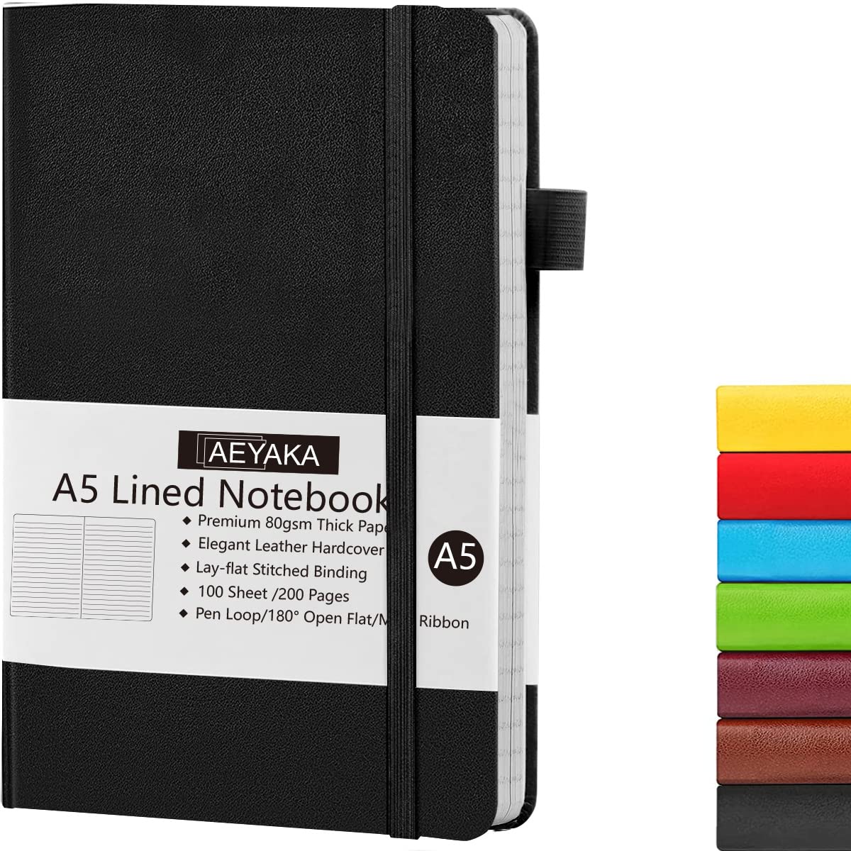 AEYAKA Cuaderno Rayado A5 Cuaderno Diario A5 Diario Rayado A5 Tapa Dura y Cierre Elástico Portalápices Estuche de Cuero PU Papel Grueso de 80 g/m², 15 x 21 cm