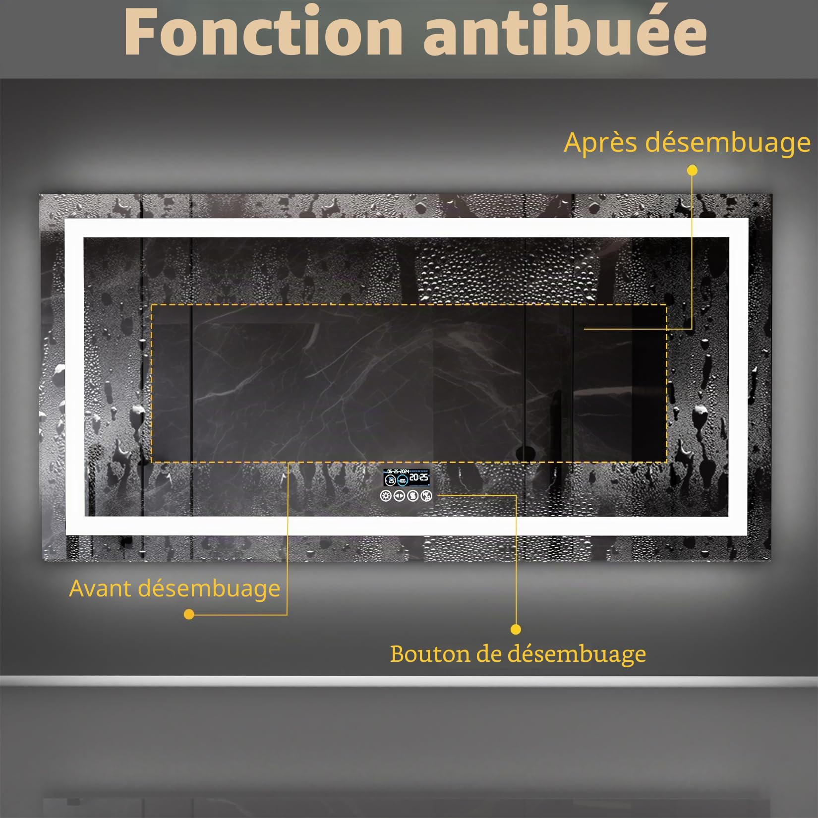 LUVODI Miroir Salle de Bain LED 120x60cm avec Bluetooth 5.2, Horloge, Éclairage Intégré, Rétroéclairage, 4 Boutons, Gradable, Connecté IP65, Mémoire Antibué