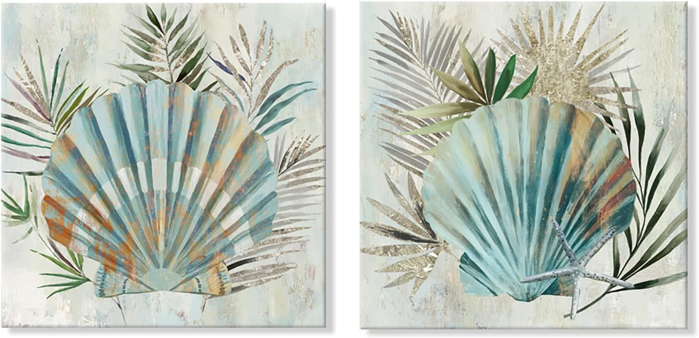 JAPO ART Turquoise Shell Pictures Modern Seashell with Tropical Palm Leaves Canvas Wall Art Coastal Wall Art for Bathroom Bedroom Livingroom Home Decorations 12x12Inchx2pcs Turquoise Shell 12 x 12 inch x 2 pcs