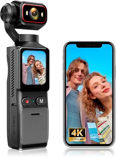 Sueirn 4K Vlogging Camera, WIFI Action Camera with Image Stabilization, Pocket Camera with 180° Rotatable Lens, Suitable f...
