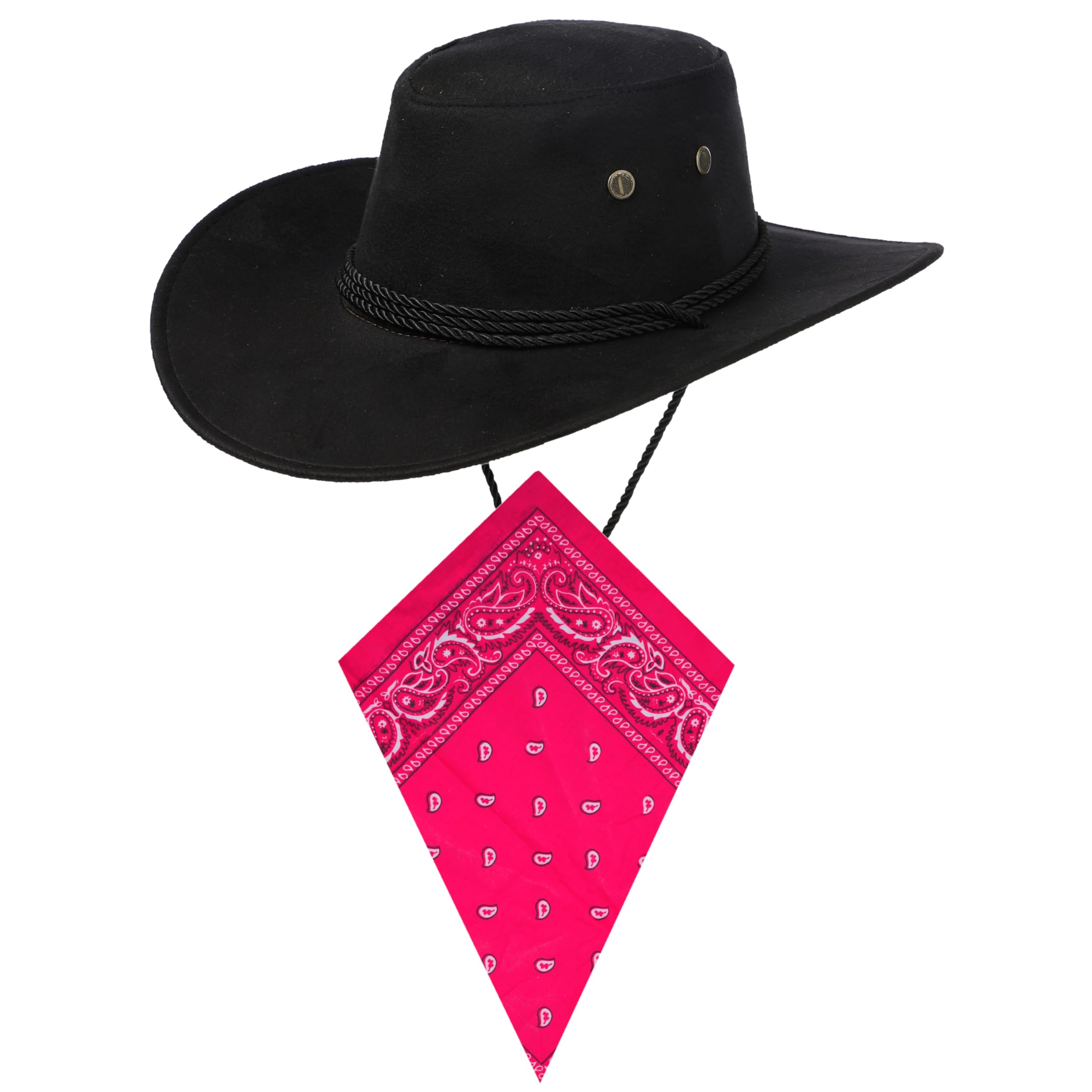 Komonee Black Cowboy Hat and Pink Bandana Western Sun Cap Faux Felt Leather Suede Fancy Dress Party Costume Outfit Neckscarf Sun Protection Mens Womens โ image 1