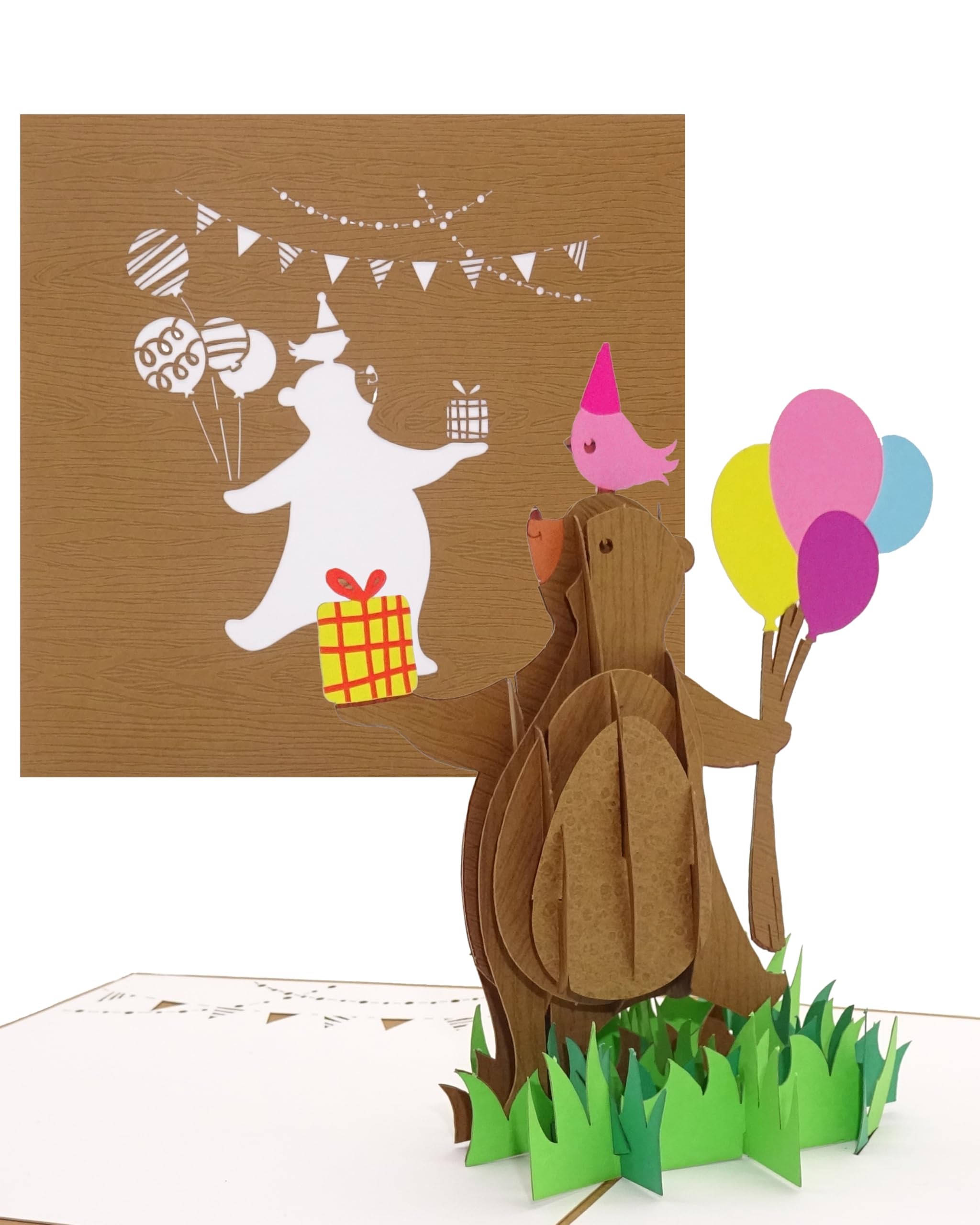 3D Happy Bear Birthday Card - Funny Pop Up Card with Envelope as Greeting Card & Invitation Card for Birthday, Voucher, Gift Voucher and Invitation for Boys & Girls