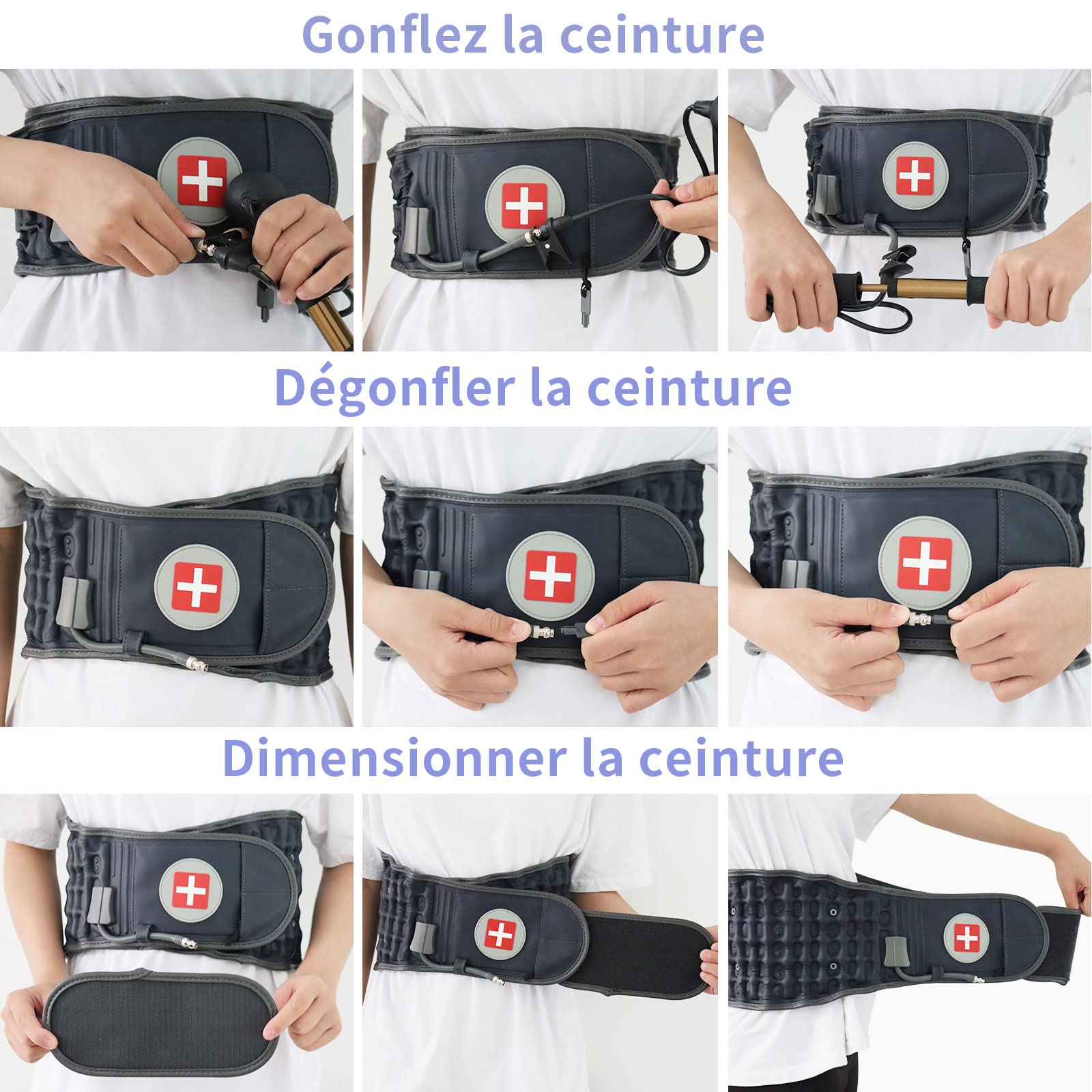 Ceinture lombaire gonflable de décompression pour le bas du dos pour soulager les douleurs lombaires – Dispositif de traction lombaire avec pompe à main, taille unique pour tour de 29-49