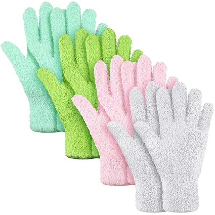 4 Pairs Microfiber Dusting Gloves Washable Reusable Cleaning Gloves Mittens for Plants House Cleaning Car Blinds (Green, Water Blue, Pink, White)