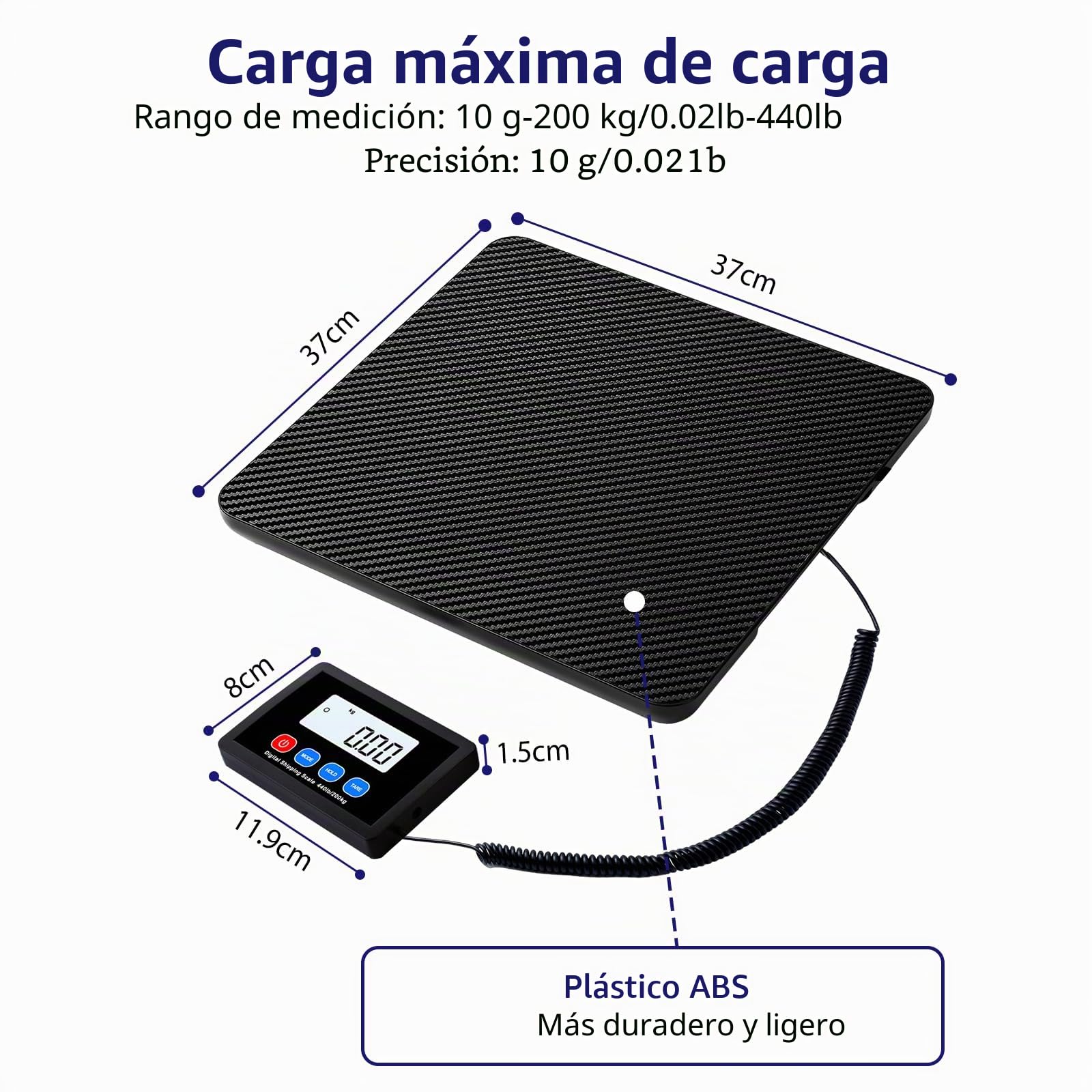 Báscula de Paquete 200KG, Báscula cocina industrial con función LCD/Hold/Tara, Balanza Postal Digital para Paquetes/Almacenes/Equipaje, pilas y alimentación USB
