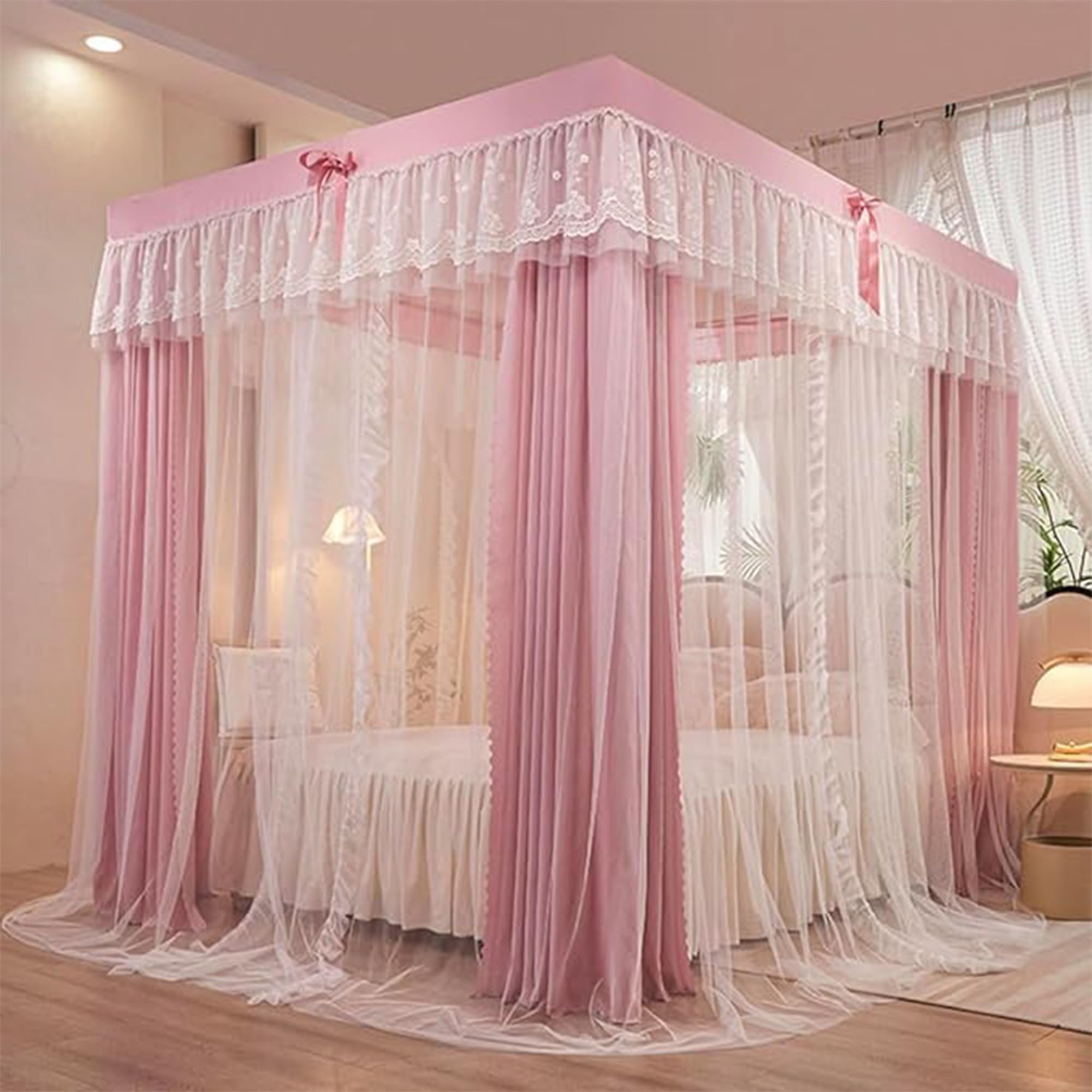 Himmelbett VorhäNge mit RüSchen, Prinzessin Canopy Bed Curtains, Drapiernetz mit 4 öFfnungen, Elegantes Moskitonetz für Mädchen und Erwachsene, Schlafzimmer, Dekoration,C,150 * 200cm* Without Stand