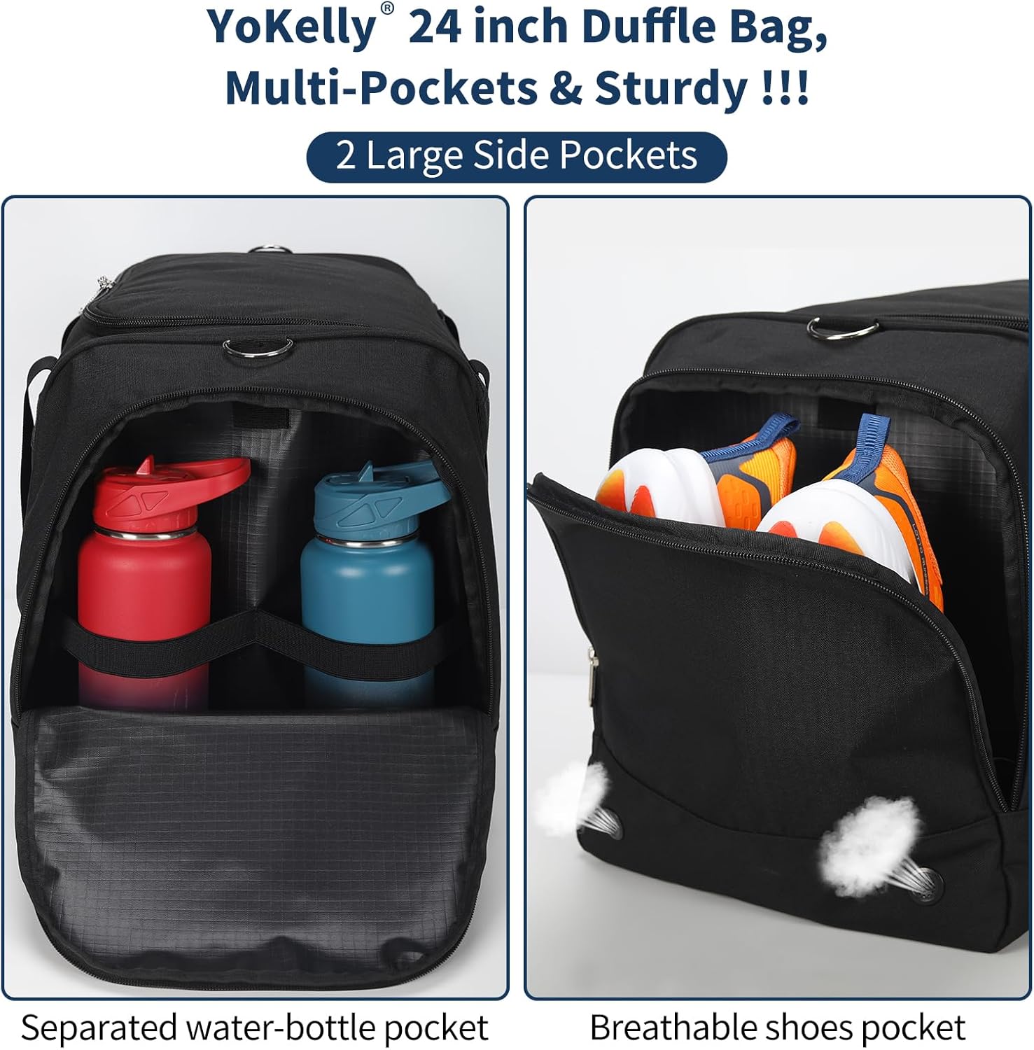 24 inch Large Gym Bag for Men - 65L Hard Bottom Duffle Bag with Shoes Compartment for Sport/Travel - Black - Image 3