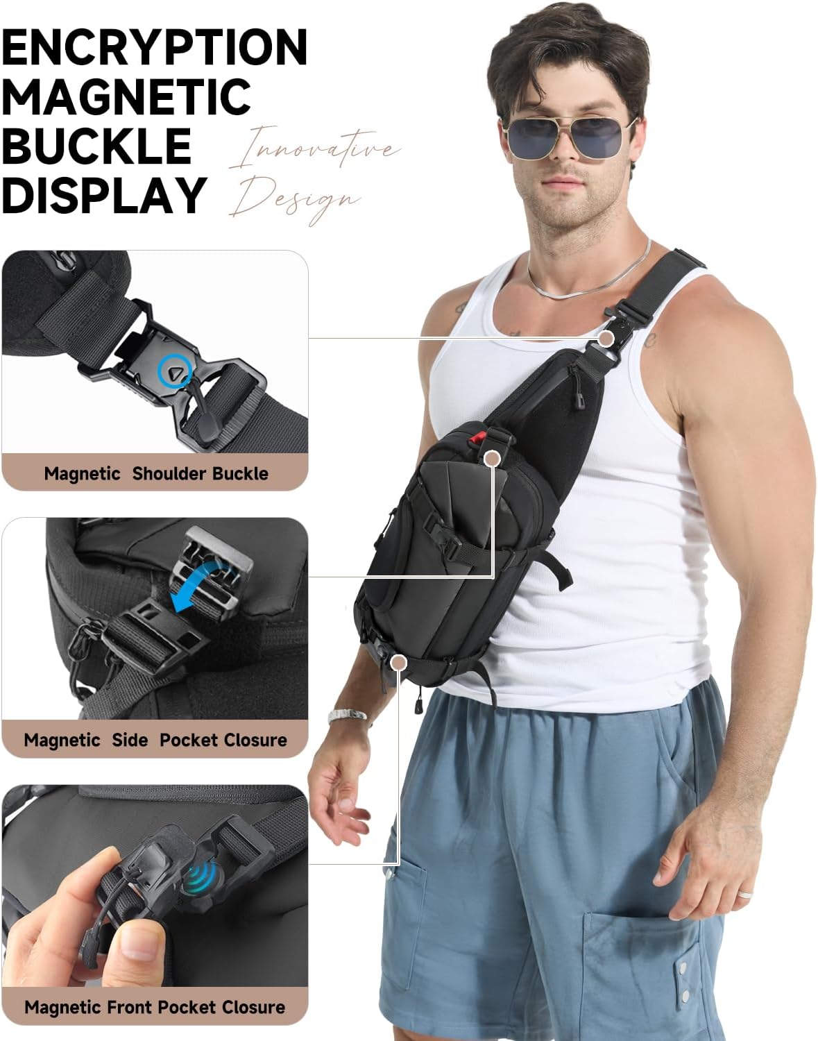 Expandable Sling Bag for Men, Water-Resistant Crossbody Chest Bag with Anti-Theft Magnetic Buckle, Tactical Shoulder Bag for Swicth 2 & Daily Essentials, Hiking Cycling Travel Pack, Black