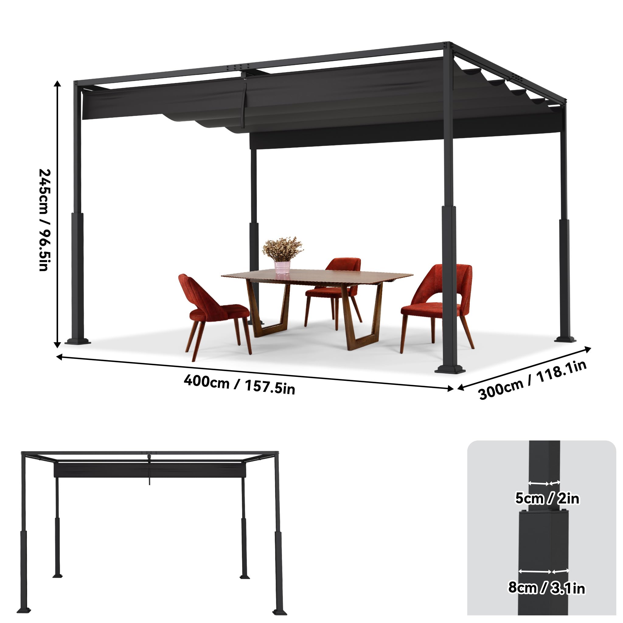 Metall Pergola mit Schiebedach, 3x4 m Pavillon Stabil Terrassenüberdachung Sonnenschutz überdachung Freistehend Gartenpavillon mit Robusten Metallsäulen für Gärten Schwarz