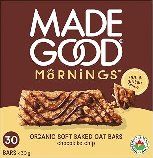 MadeGood Mornings Soft Baked Breakfast Bars, Chocolate Chip, 1.06 Oz (30 Count) Gluten Free Snacks