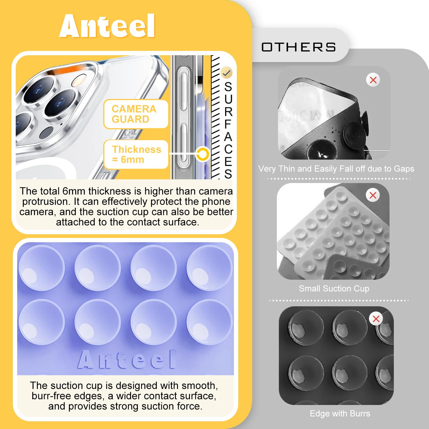 Anteel - Funda de silicona con ventosa de tamaño mediano, soporte adhesivo, potencia de succión mejorada y agarre adhesivo grueso mejorado, duradero, soporte adhesivo manos libres, 2.3 x 3.45 pulgadas