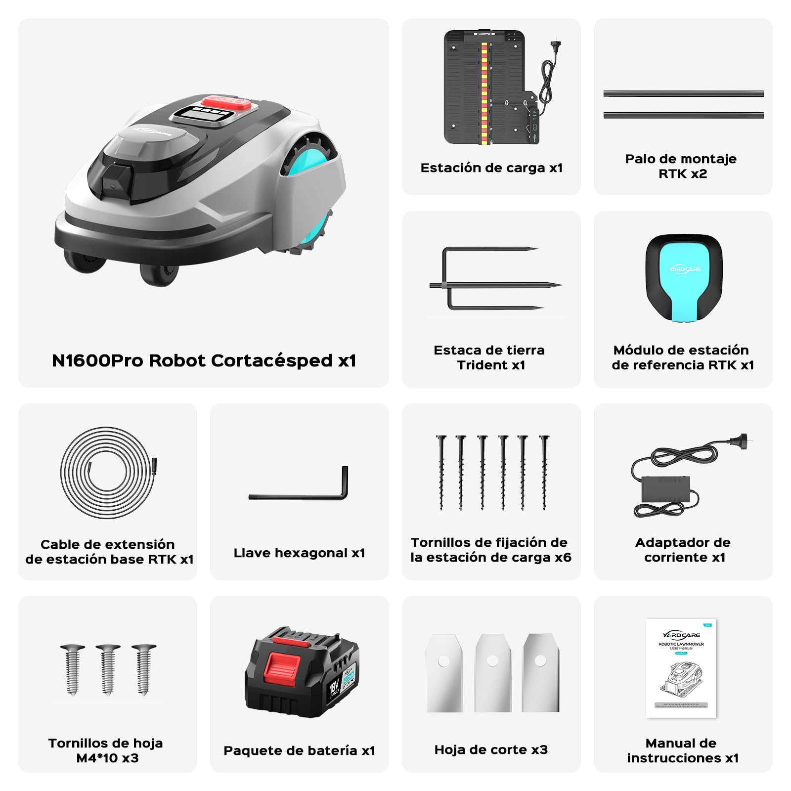 YARDCARE N1600PRO Robot Cortacésped sin Cable Perimetral, hasta 1600 m², Navegación RTK con Reconocimiento 3D del Entorno, Detección de más de 300 Obstáculos, Control por App, Carga Automática