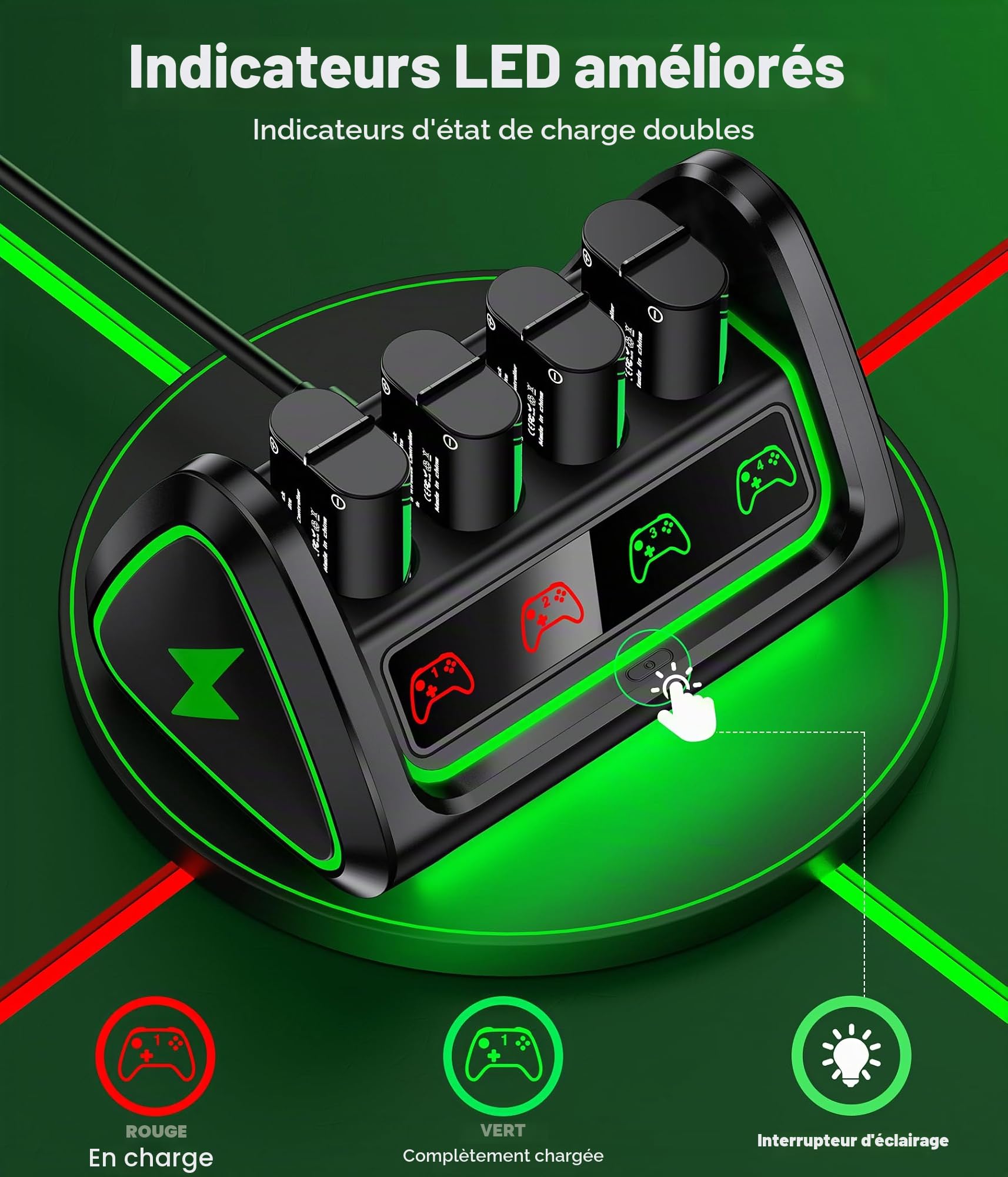 Batterie pour manette Xbox avec 4 batteries 5520 mWh pour Xbox One/Xbox Series X/S, station de charge rechargeable, avec port USB pour le chargement