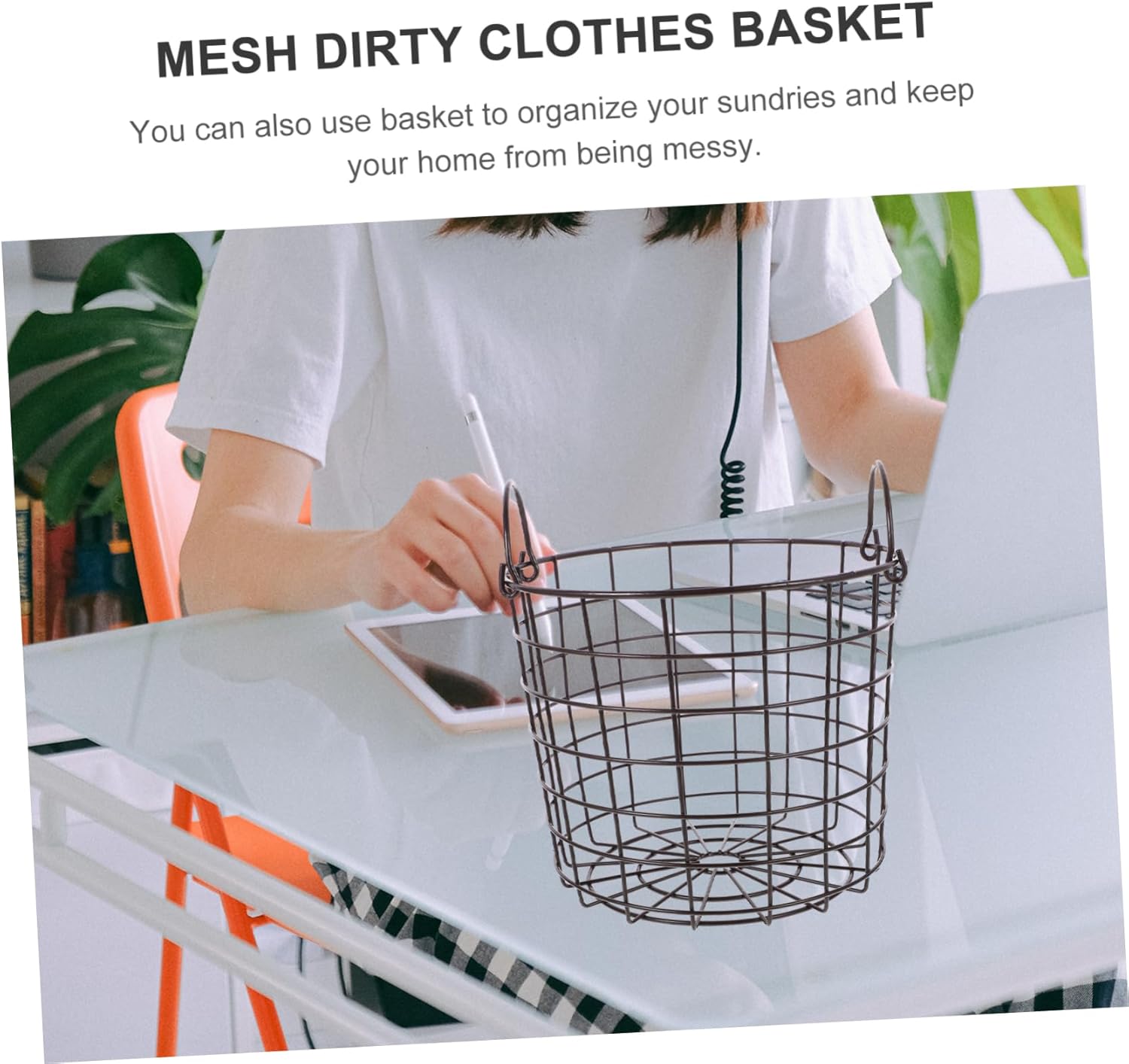 VICASKY Medium Coffee Laundry Basket with Handles Iron Wire Storage Hamper for Dirty Clothes and Sundries Multipurpose Organizer for Home Bathroom Closet and Playroom