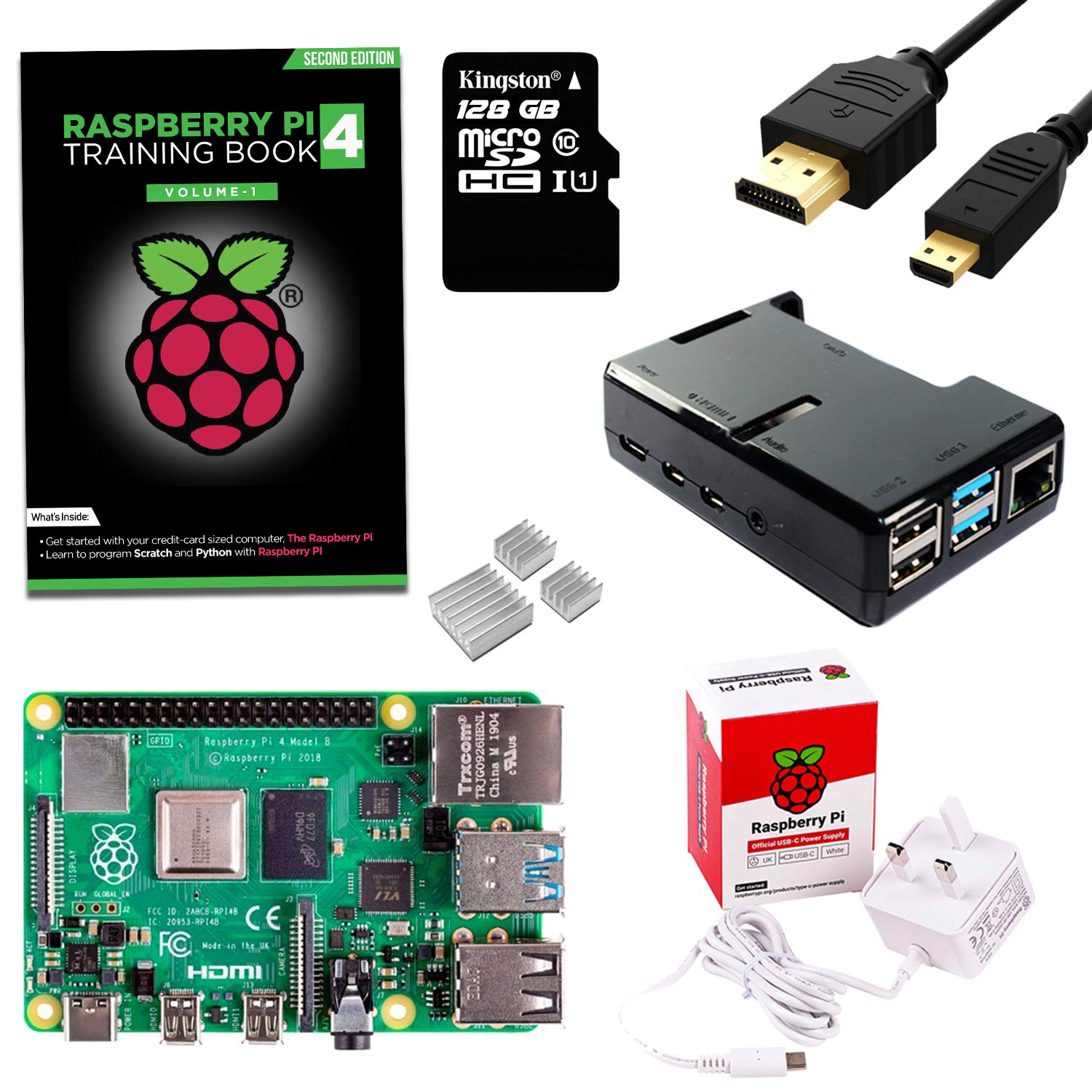 sb components Raspberry Pi 4 Starter Kit (Raspberry Pi 4 Modello B 2GB, Chiaro Accesso Protettivo a tutte le Porte, Alimentatore, Cavo Micro HDMI e Scheda MicroSD da 128 GB)