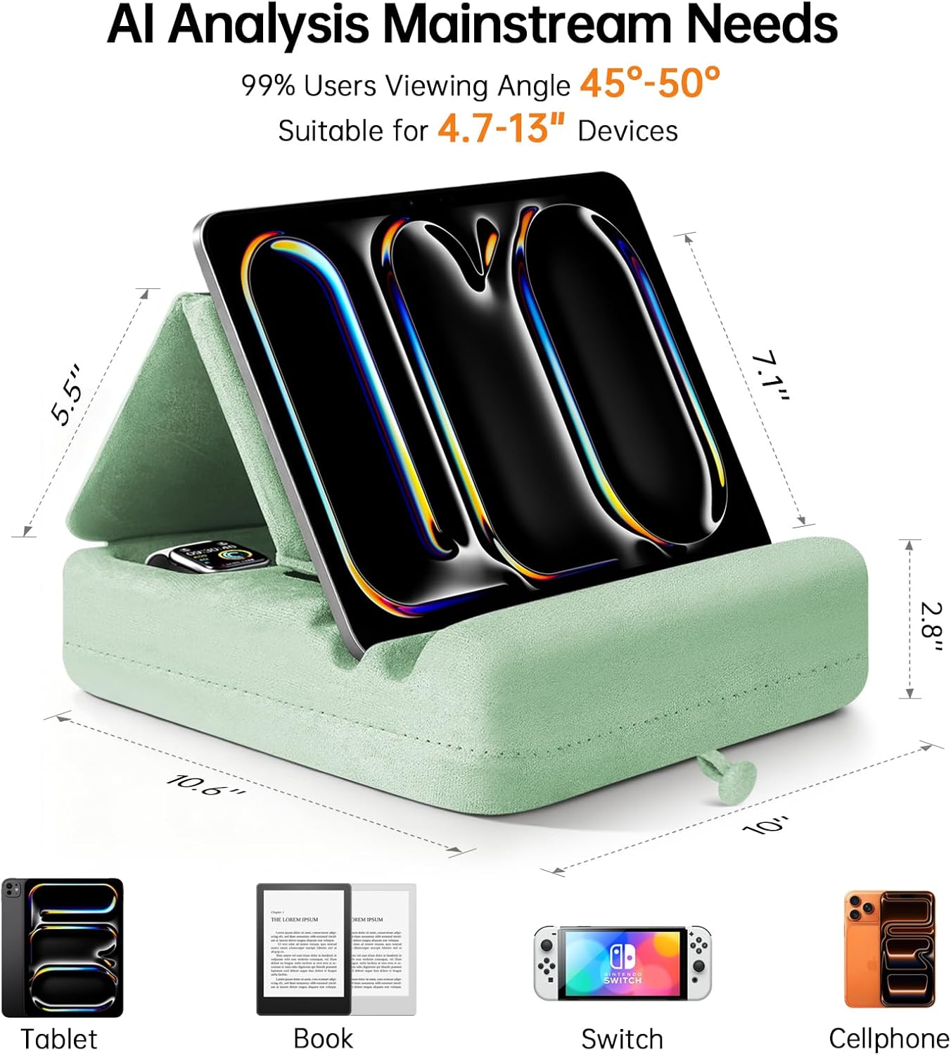 Tablet Pillow Stand with Storage, Foldable iPad Holder for Lep, Bed, Sofa, and Desk - Soft Pad Dock with Pocket and Stylus Mount Compatible with 4-13" iPad Pro/Air/Mini, Galaxy Tab, Kindle