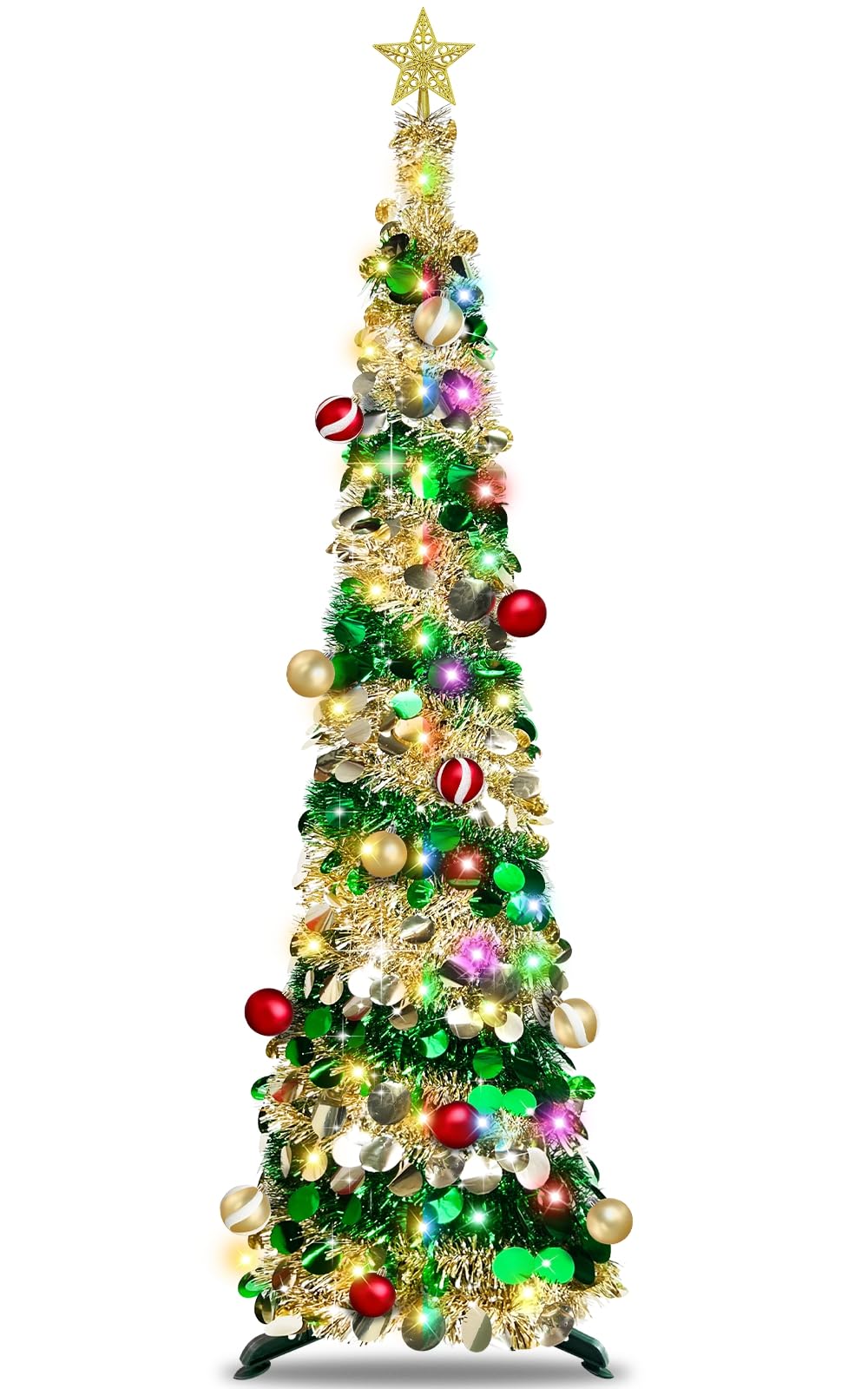 6 Ft Lighted Slim Christmas Tree with Timer Ball Ornament 100 Warm Lights Battery Powered Big 3D Star,Glitter Tinsel Pop Up Pencil Christmas Tree Decoration Indoor Outdoor