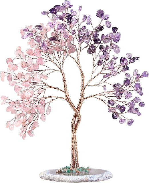 Nupuyai Amethyst & Rose Quartz Twining Crystal Money Tree with Agate Slice Base, Love Stone Tree Ornament Fengshui Figurines for Home Office Wedding Decor
