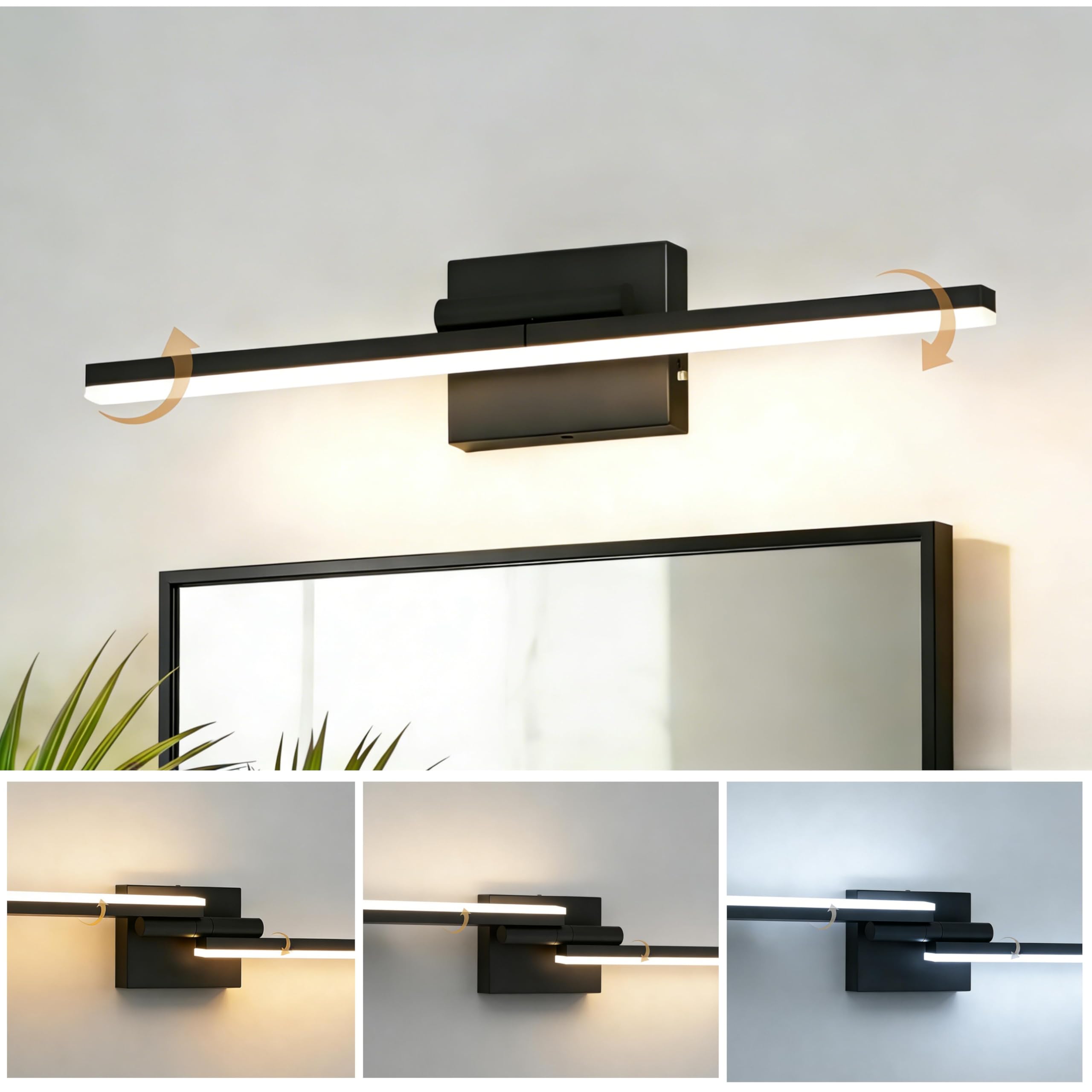 L LOHAS LED 24 Inch Black Vanity Light Bar Over Mirror Rotatable 3CCT