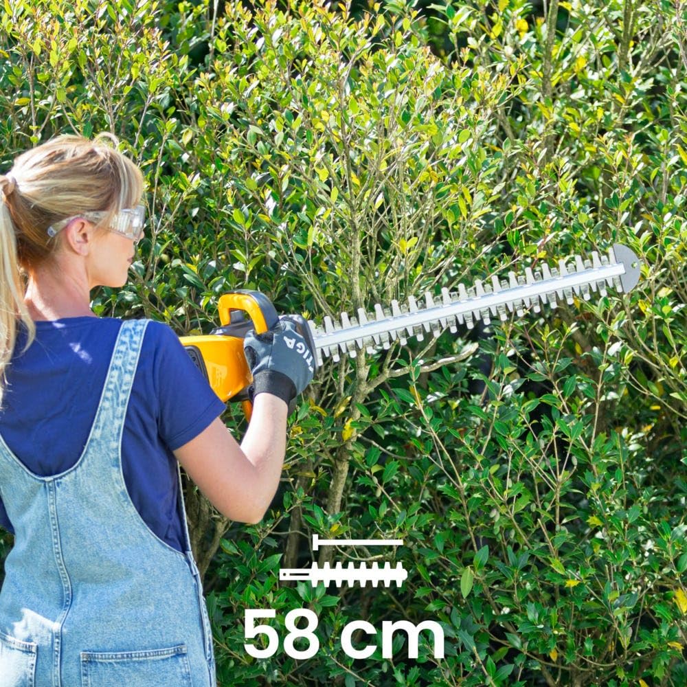 STIGA HT 500e Tagliasiepi A Batteria, 48 V (Batt. Non Incl.), Lama 58 cm – Impugnatura Girevole 180°, Lame Doppia Azione – Per Siepi e Cespugli