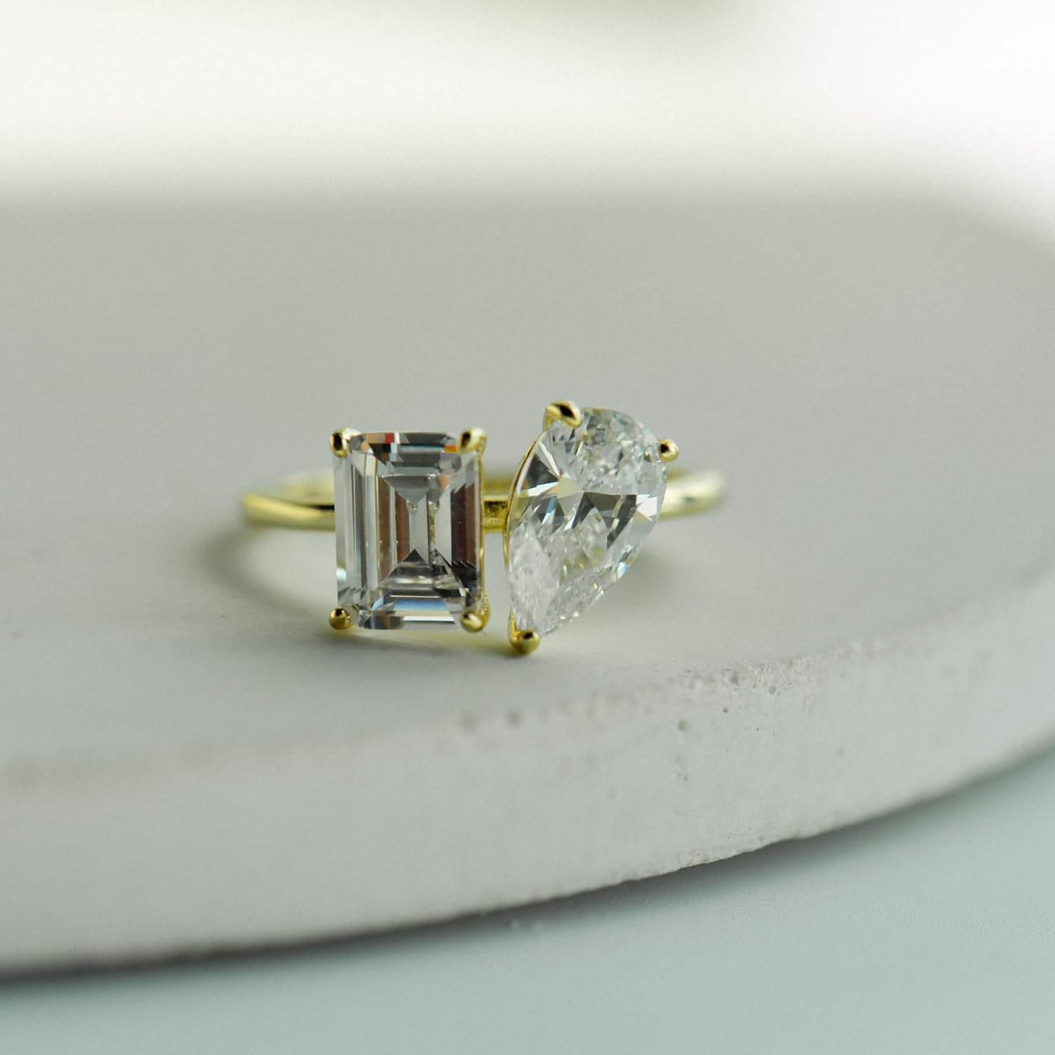 espere Toi et Moi Engagement Ring | 18K Gold Plated Sterling Silver Two Stone Ring | Emerald and Pear CZ Promise Simple Bridal Ring Anniversary
