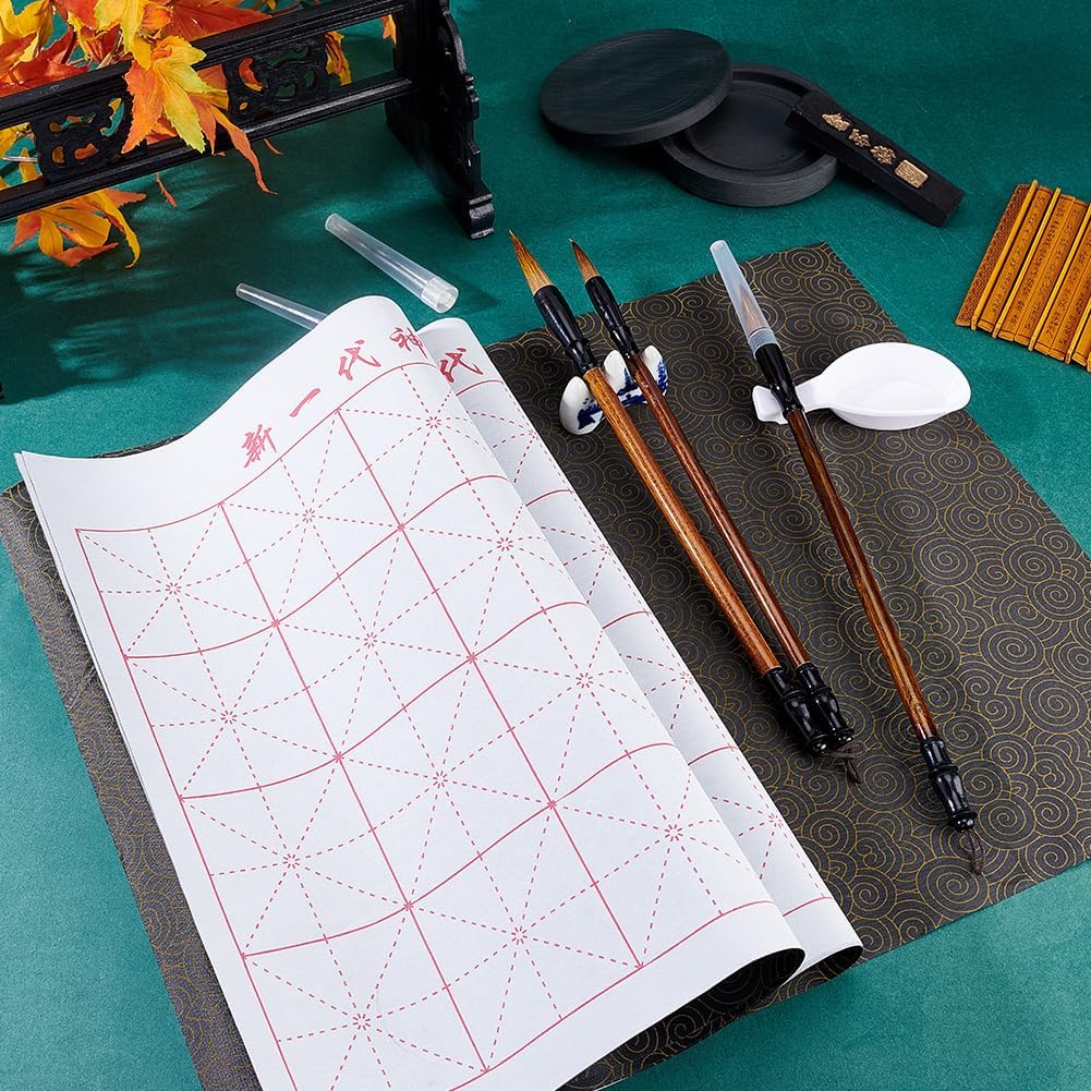 PH PandaHall 14pcs No Ink Chinese Calligraphy Set Chinese Calligraphy for Beginners Professionals Grid Water Writing Magic Cloth 3pcs Traditional New Year Calligraphy Brushes and Water Dish 13x17inch