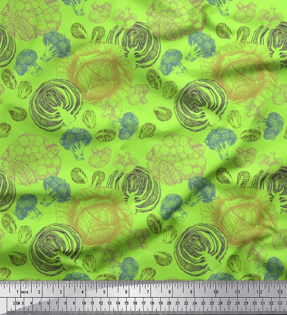 Soimoi Rayon Green Fabric - by The Yard - 42 Inch Wide - Cauliflower & Broccoli Vegetable Bounty Material - Fresh and Nutrient-Rich Patterns for Kitchen Decor Printed Fabric
