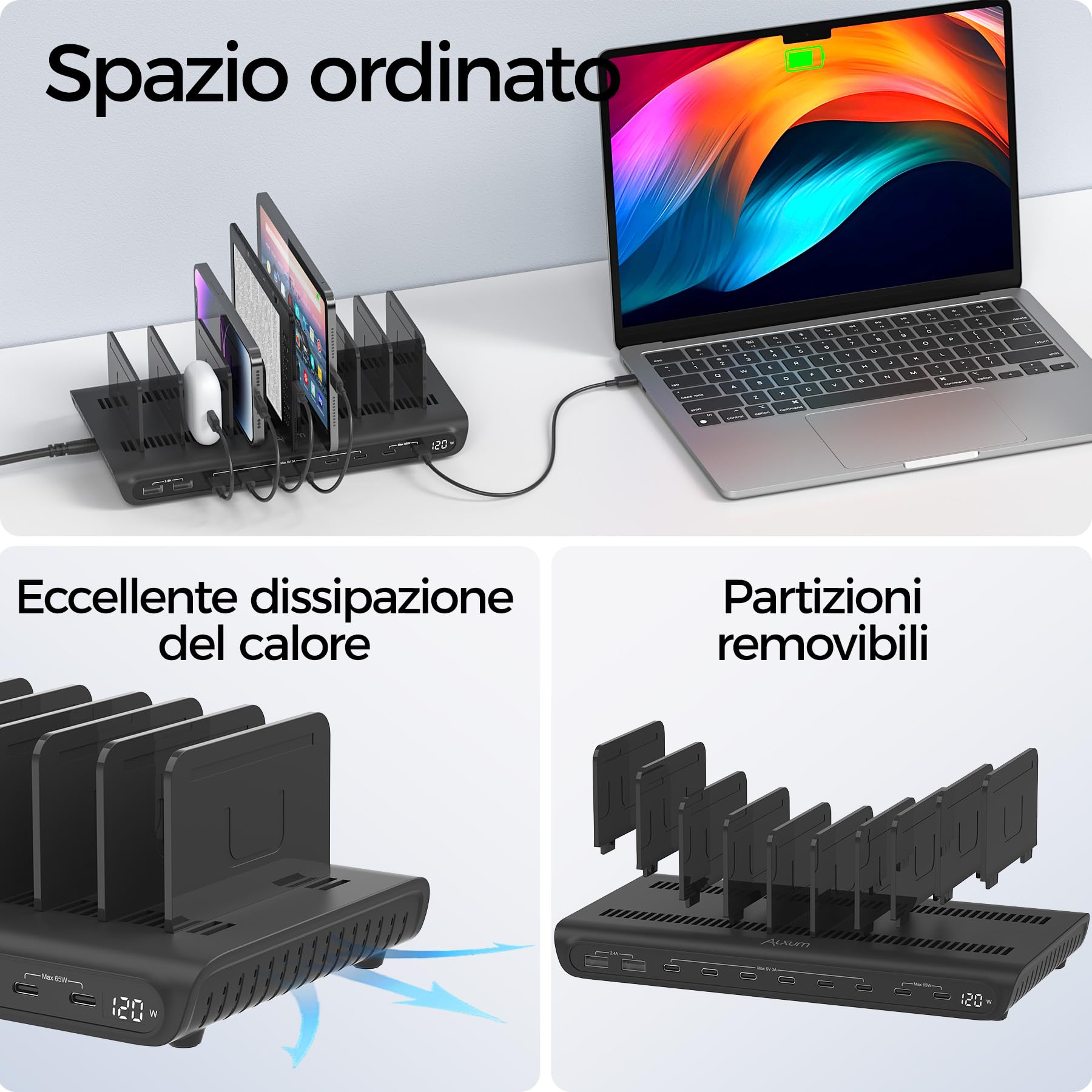 Alxum Stazione di Ricarica USB 10 Porte 120W, Caricatore Multiplo con Display LED, 8 Porte USB-C e 2 USB-A, Porta PD 65W e QC 3.0 Ricarica Rapida per iPhone, iPad, Tablet, Laptop, Ufficio, Scuola