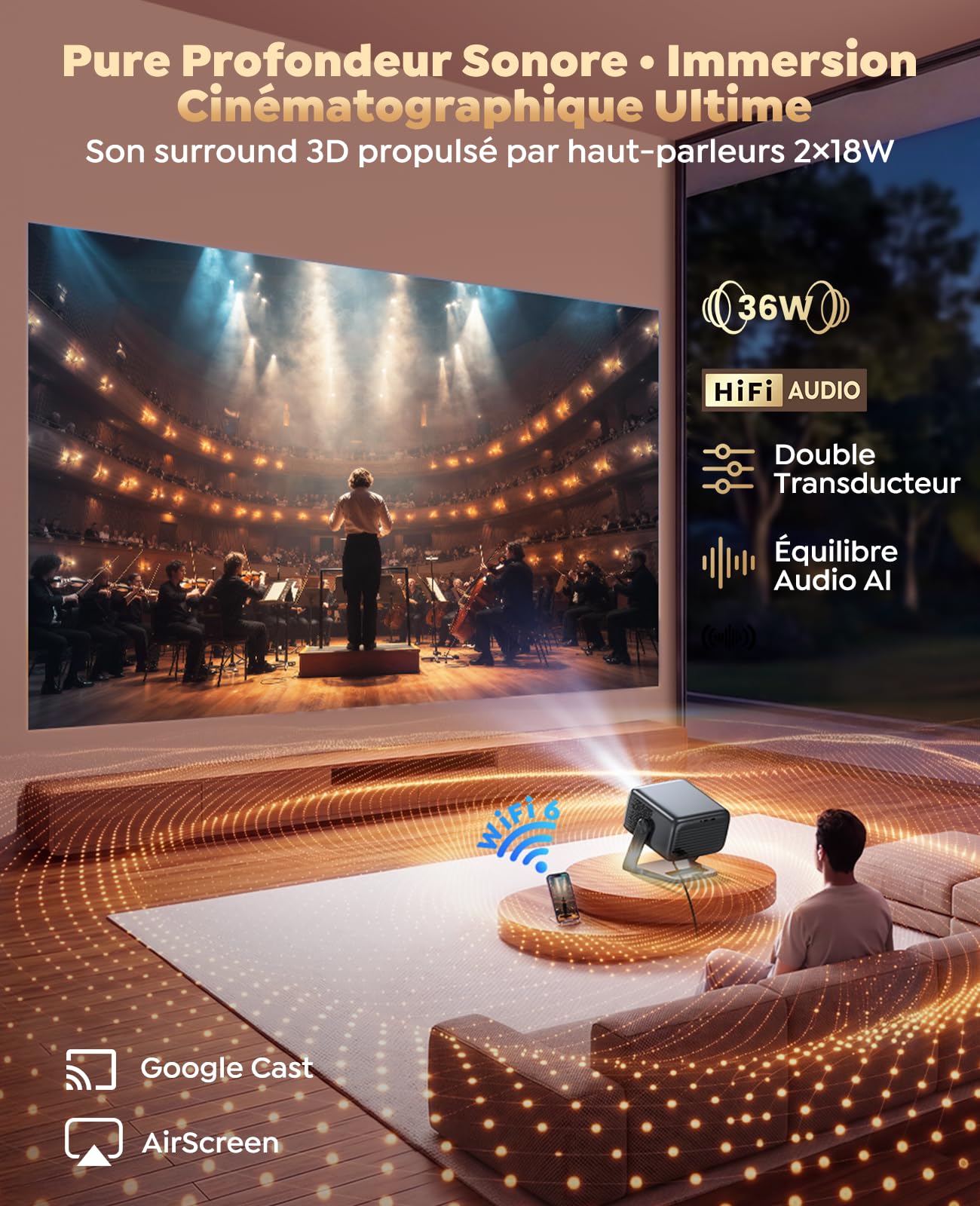Vidéoprojecteur 4K 1300 ANSI Projecteur Portable 4K Courte Focale Auto Focus/Keystone Rotatif 360°, 36W Speaker, Contrôle Vocal, HDR10 Rétroprojecteur WiFi6 Bluetooth FHD 1080P Home Cinéma
